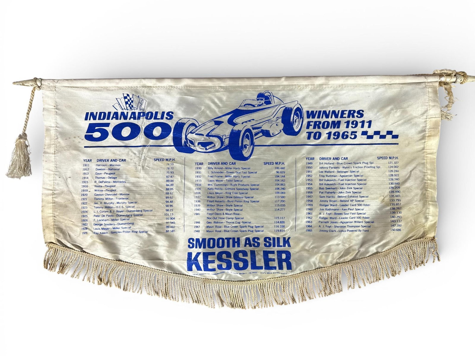 Kessler Whiskey, Advertising Banner, Synthetic Satin, c. 1965: This is an original vintage commemorative advertising display banner for Kessler Whiskey, celebrating the history of the Indianapolis 500. Manufactured circa 1965, the banner is printed on a synthetic