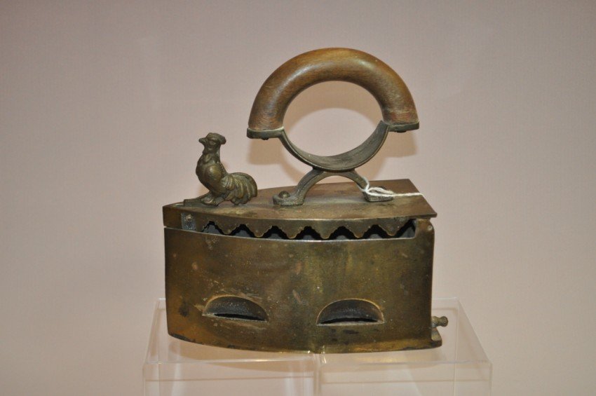 Austrian Brass Charcoal Iron with Rooster Latch.: Length: 8” Shipping 20.