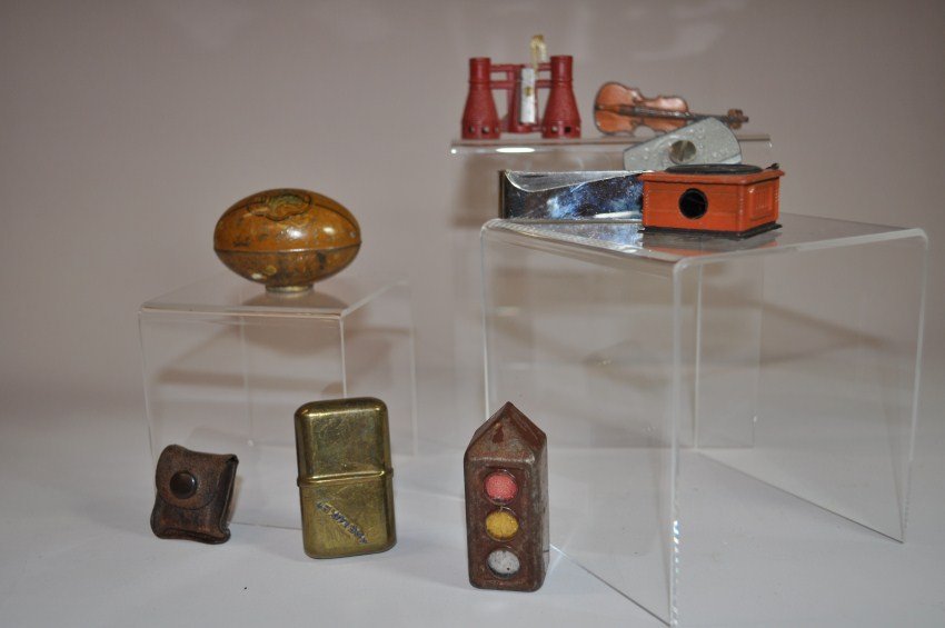 Large Group Lot Of Rare Miniature Pencil Sharpeners.: A football, street light, binoculars, record player, and some unusual non figurals. Shipping 10.