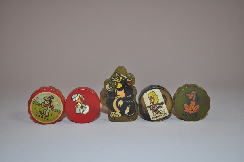 5 Rare Bakelite Disney, Cartoon Etc. Pencil Sharpeners: Rare pieces. The largest is 1.75” tall.