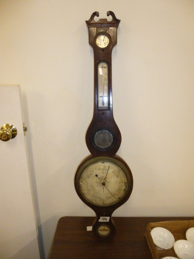19th c. English Banjo-style Barometer.: With thermometer, hygrometer (humidity gauge), level and mirror. Made in Oxford, England by A. Mastaglio. 38” high. Shipping 30.