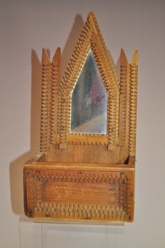 Tramp Art folk art comb box with mirror.: Height: 12.25” by 6 1/8” wide. Shipping 15.