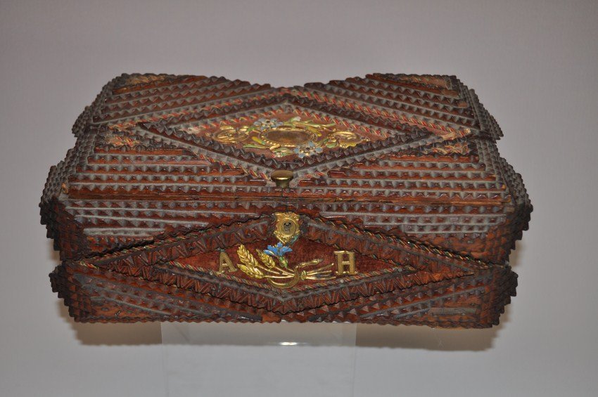 Tramp art dresser box w/Civil War company letter decora: 12” x 7” x 5” Shipping 15.