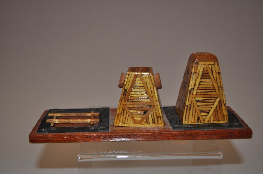 Folk art table set.: Salt and toothpick holder are present. 8” wide by 3.25” tall.