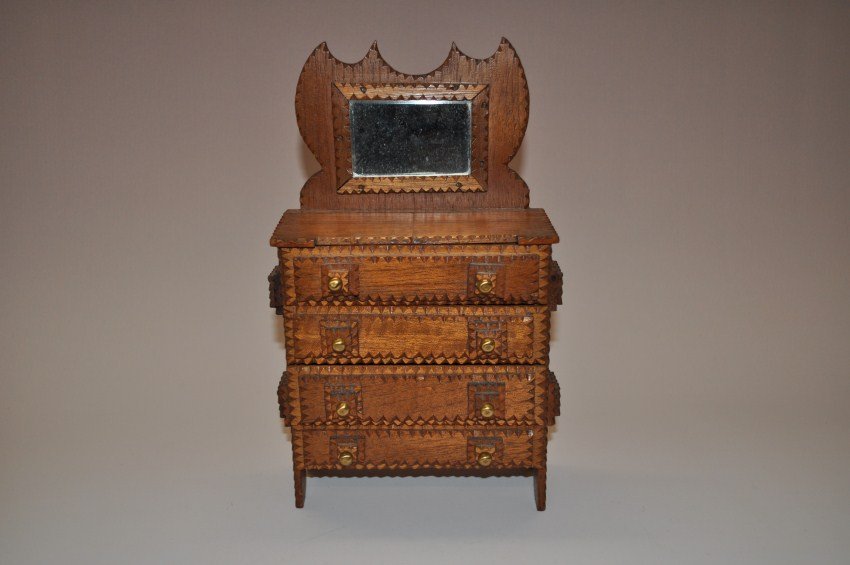 Folk art tramp art miniature dresser.: 9”h x 6.5”w. Shipping 15.