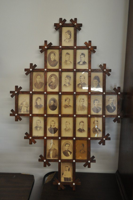 Enormous tramp art 25-CDV Photo Frame.: 32”h x 21” Buyer is responsible for pickup or shipping. We have a local UPS store.