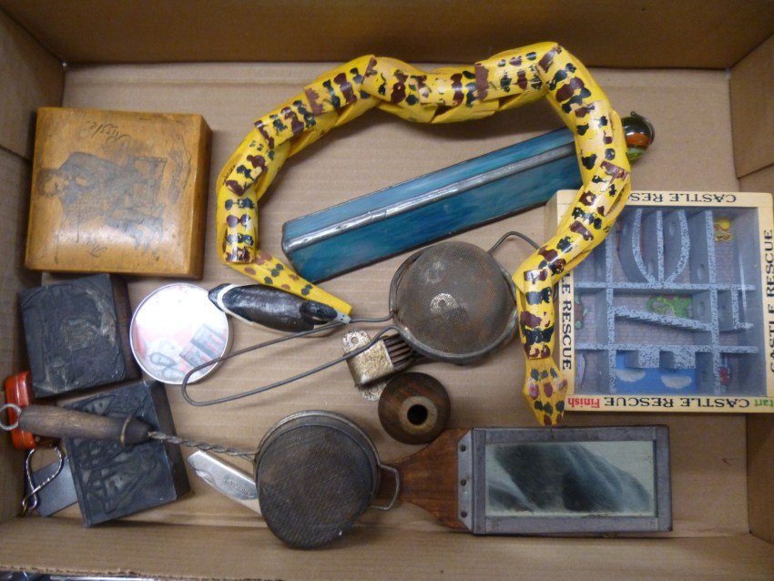 Group lot of antique and vintage items.: Wooden snake, old games, two kaleidoscopes, vintage strainers etc. Shipping 15.
