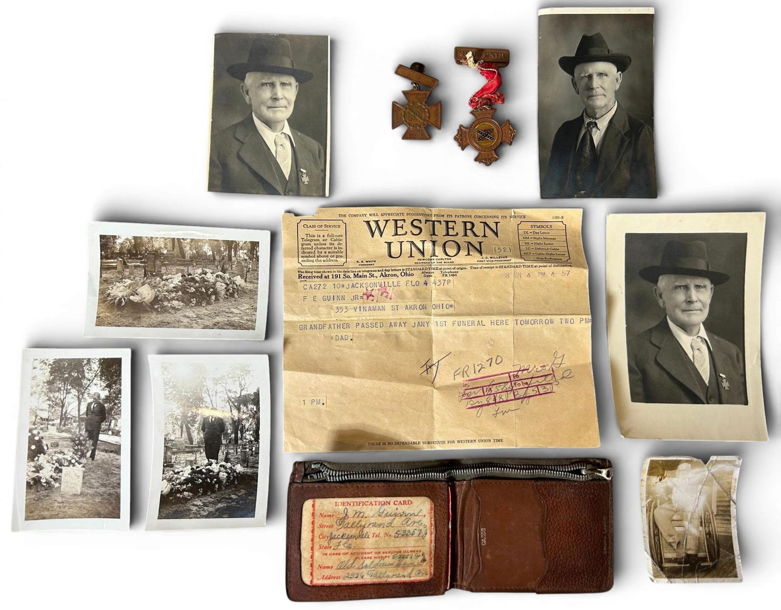 Civil War Confederate Ided Veteran's Group - Southern Cross, Reunion Badge, Photo's & Ephemera: Confederate Southern Cross of Honor, 1927 U.C.V. reunion badge, post war photographs and ephemera of J. M. Guinn. The photographs include Guinn as an old man, and his son at his decorated grave. In on