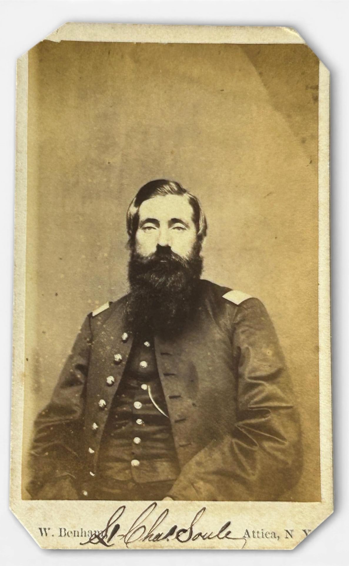 Civil War CDV Photo Identified 64th New York Infantry Officer WIA at Gettysburg: Civil War CDV of 1st Lieutenant Charles Soule of Co. K, 64th New York Infantry. "Lt. Chas Soule" is written in period browned ink on the front and "64th N. Y. Vols is written on the back. The