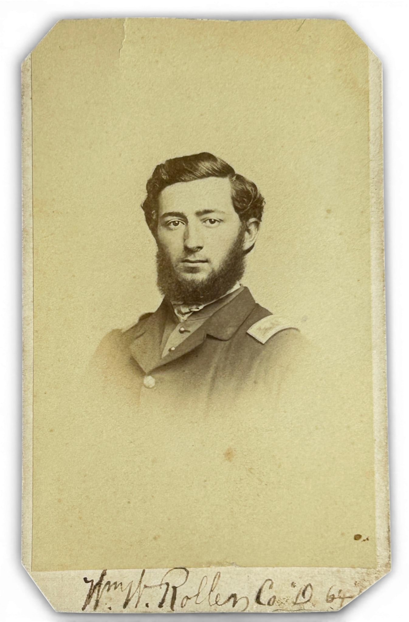 Civil War CDV Photo Identified 64th New York Infantry Officer WIA at Fair Oaks & Chancellorsville &: Civil War CDV photograph of William W. Roller, Co. D, 64th New York Volunteers. The image is singed with browned period ink "Wm W. Roller Co. D 64" .It bears the backmark of "Henry Ulke, 278