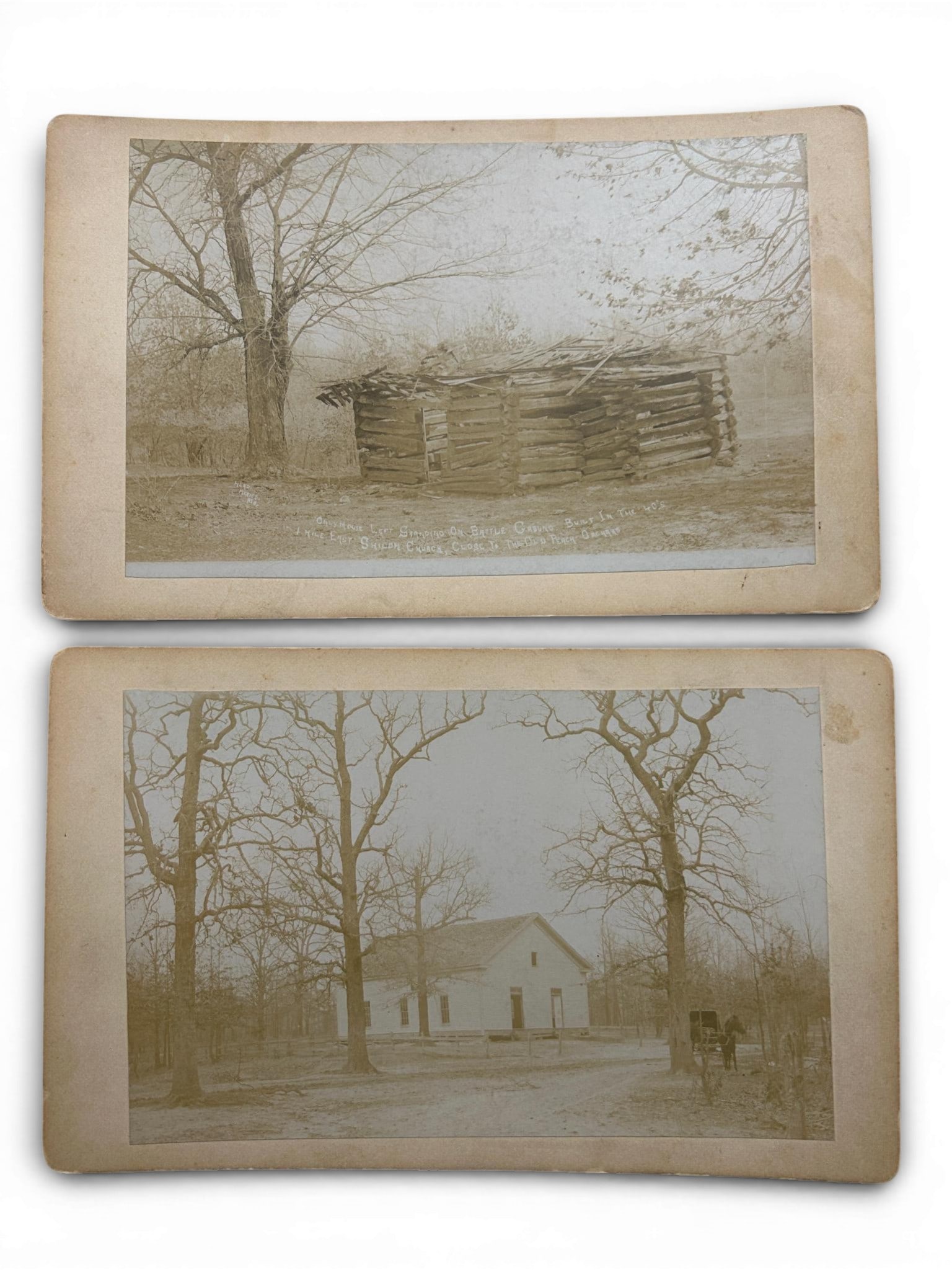 Civil War Shiloh 1895 Reunion Battlefield Photograph Lot -- Old Shiloh Church and Old House: Two Cabinet card style photographs taken at the Shiloh Battlefield most likely during the 2nd Shiloh Battlefield Association Reunion in April 1895. The first image bears a photographer's imprint and c