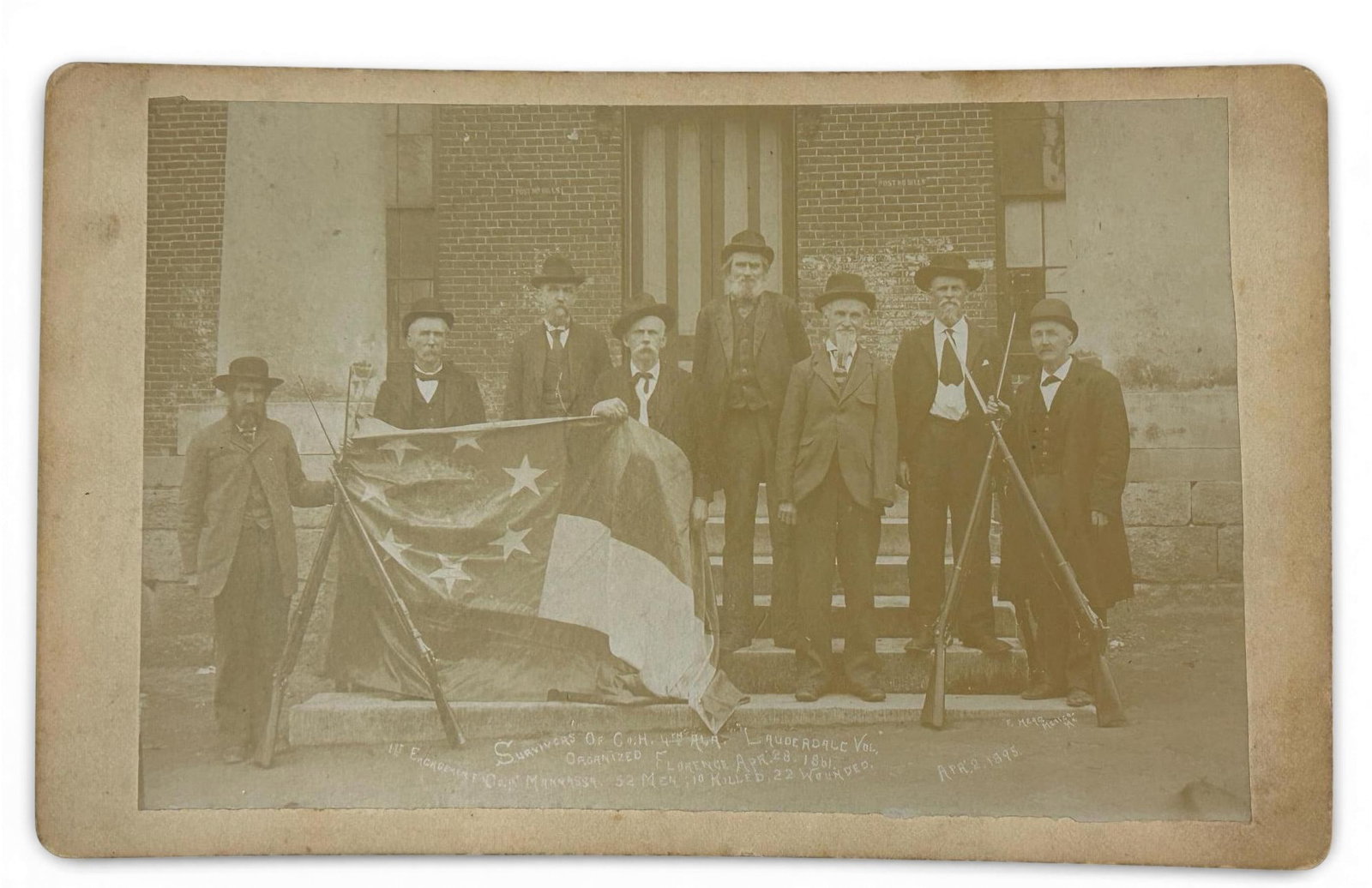 Civil War Shiloh 1895 Reunion Photograph Confederate 4th Alabama Veterans: Cabinet card style photograph taken at an unknown location by F. Head of Mexico, Missouri, at the same time that he was taking photographs at the 2nd Shiloh Battlefield Association Reunion in April 18
