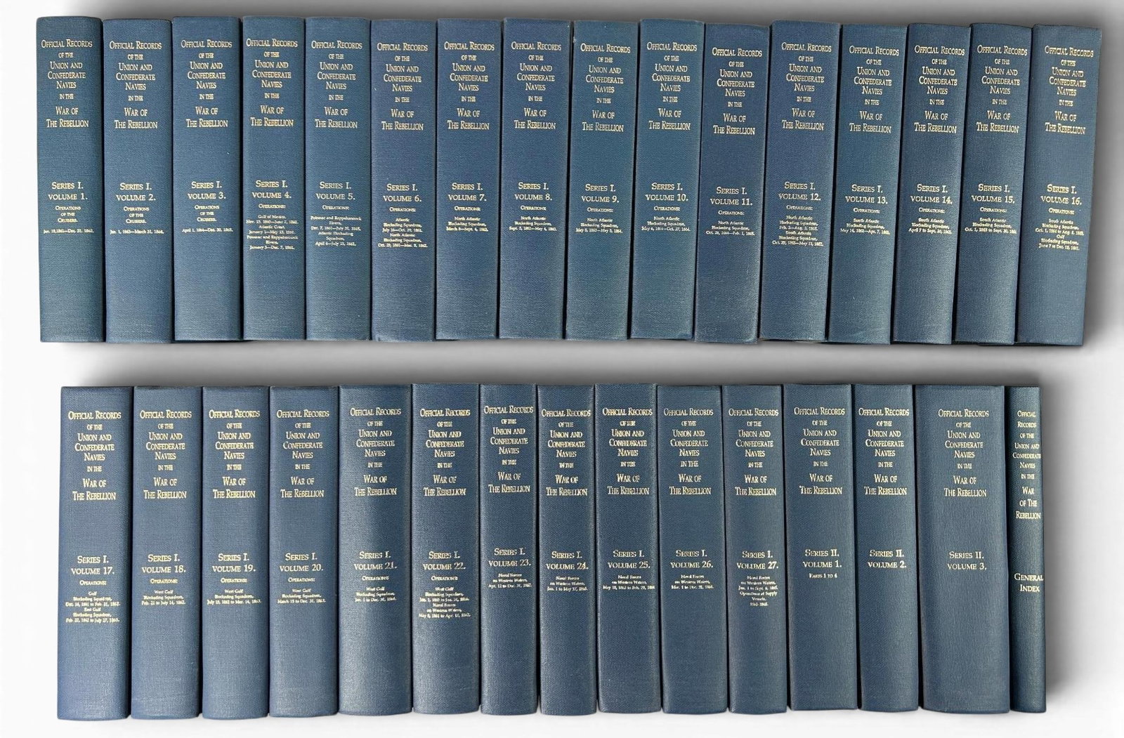 Civil War Navy Official Records -Complete 31 Volume Set: This 31 volume set is complete with no books missing. Reprinted in 1987 by Historical Times, Inc. and distributed by the Broadfoot Publishing Company. It has only had one owner. The set was purchased