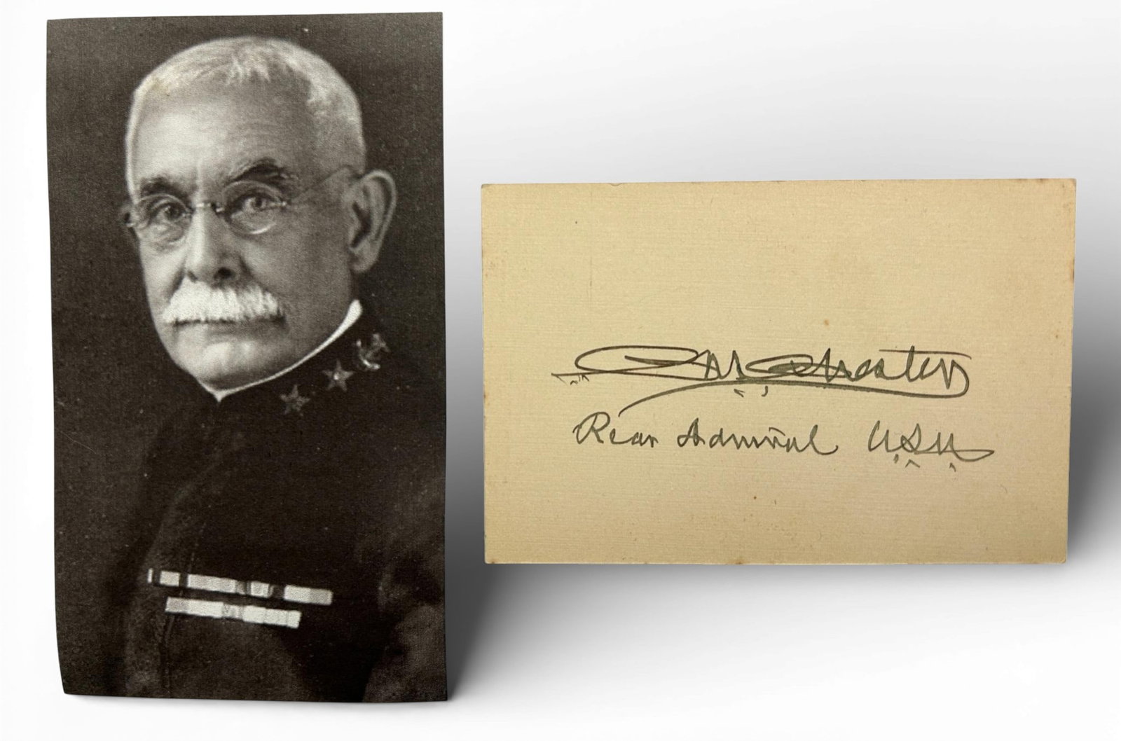 Autograph - U.S. Navy Rear Admiral Colby M. Chester Served in Civil War,, Span-Am War and WWI: 4.25" x 3" card autographed "Colby Mitchell Chester rear Admiral U.S.N." Signed in ink. Chester was the the only Naval officer in the history of the United States Navy to have actively served in the C