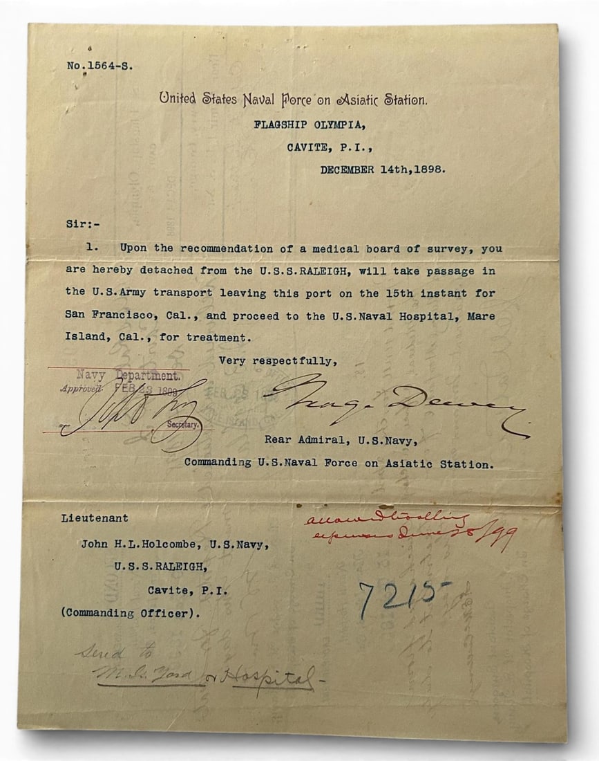 Span Am War Document signed by Rear Admiral George Dewey aboard the U.S.S. Olympia at Cavite, P. I.: Spanish American War document signed by Rear Admiral George Dewey on December 14, 1898 ordering that Lieutenant John H. L. Holcombe be detached from the U.S.S. Raleigh and placed on a transport ship f