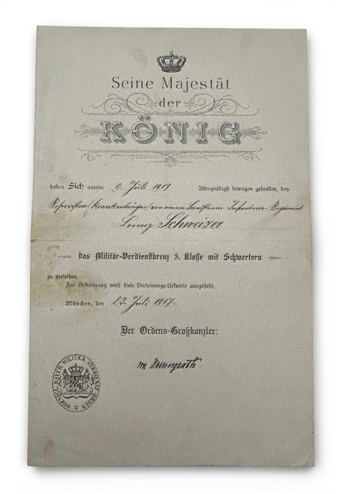 WWI Imperial German Bavarian Certificate For Military Merit Cross 3rd Class with Swords: Original certificate for the award of the Bavarian Military Merit Cross 3rd Class with Swords to Lo---- Schweizer. The certificate was issued at Munich on July 23, 1917. Document measures 8.1875" x 13