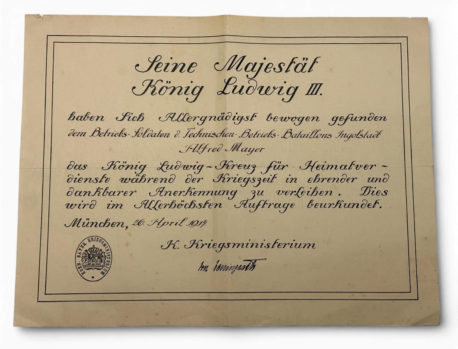 WWI Imperial German Bavarian Certificate For King Ludwig Cross (1 of 8)