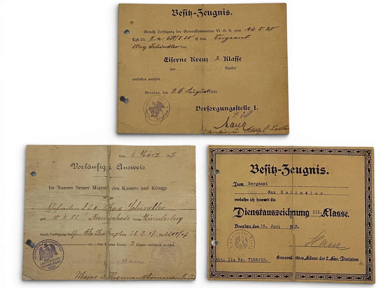 WWI Imperial German Prussian Certificate Lot -1st & 2nd Class Iron Cross & 3rd Class Long Service (1 of 11)
