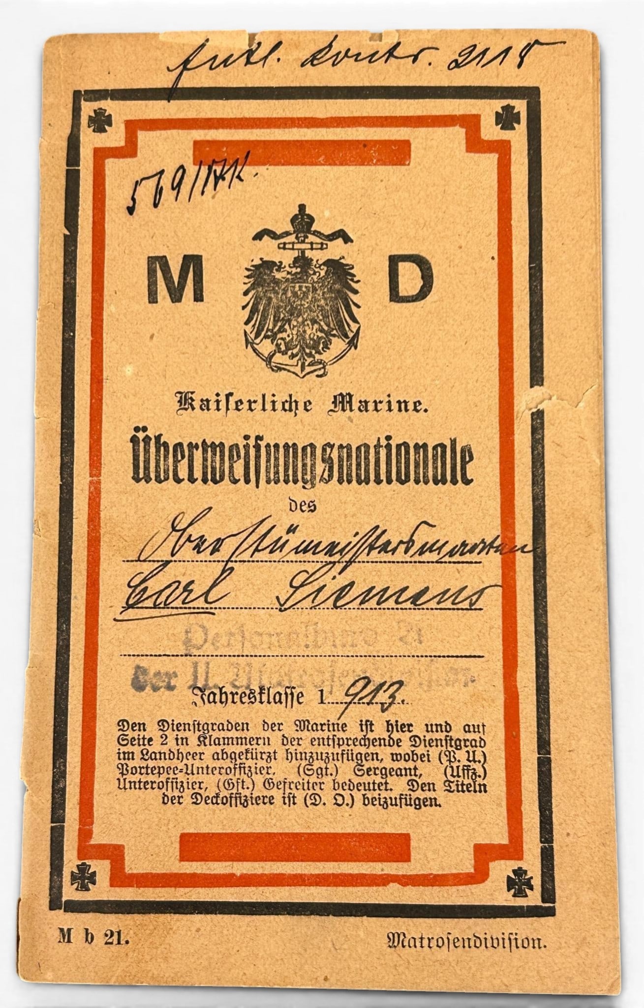 WWI Imperial German Navy Identification Booklet - Sailor on the SMS Oldenburg: World War One Identification booklet for Carl Siemens who during most of WW1 was a gunner on the SMS Oldenburg. This 31 page identification booklet measures 3.4" x 5.7". The entries in this booklet in