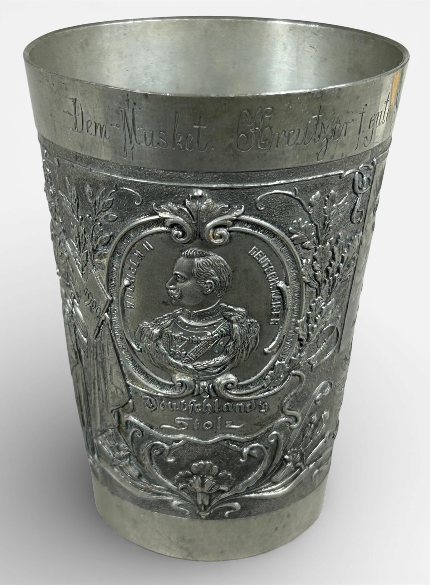 Pre WWI Imperial German Inscribed Shooting Cup: Pre World War One beautiful relief engraved shooting award cup inscribed to F. Kreutzer on August 31, 1906 for good shooting performance with a musket. The cup is inscribed along the rim, "Dem Musket.