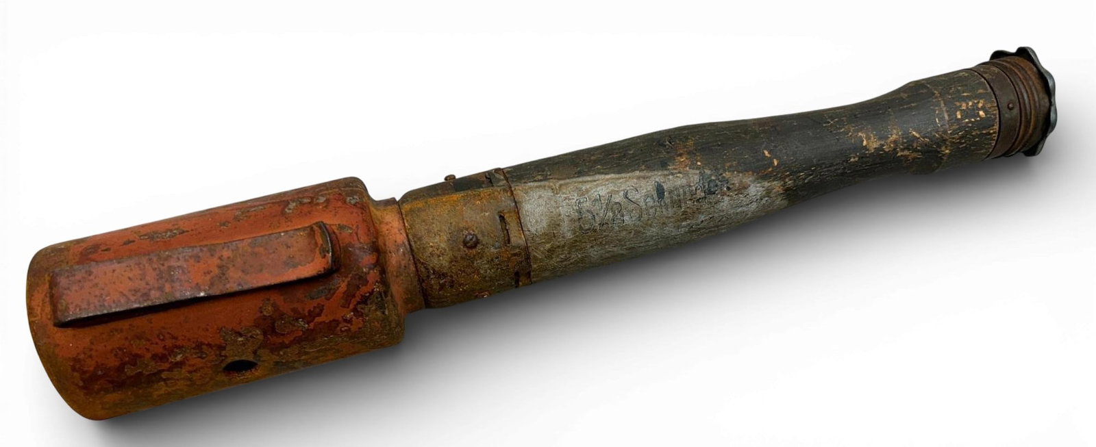 WWI Imperial German Practice Stick Grenade: Imperial German WWI Practice Potato Masher Stick Grenade. The head measures 2.375” in diameter and the grenade including stick is14.25 long. Red painted multi piece steel head with a wood handle