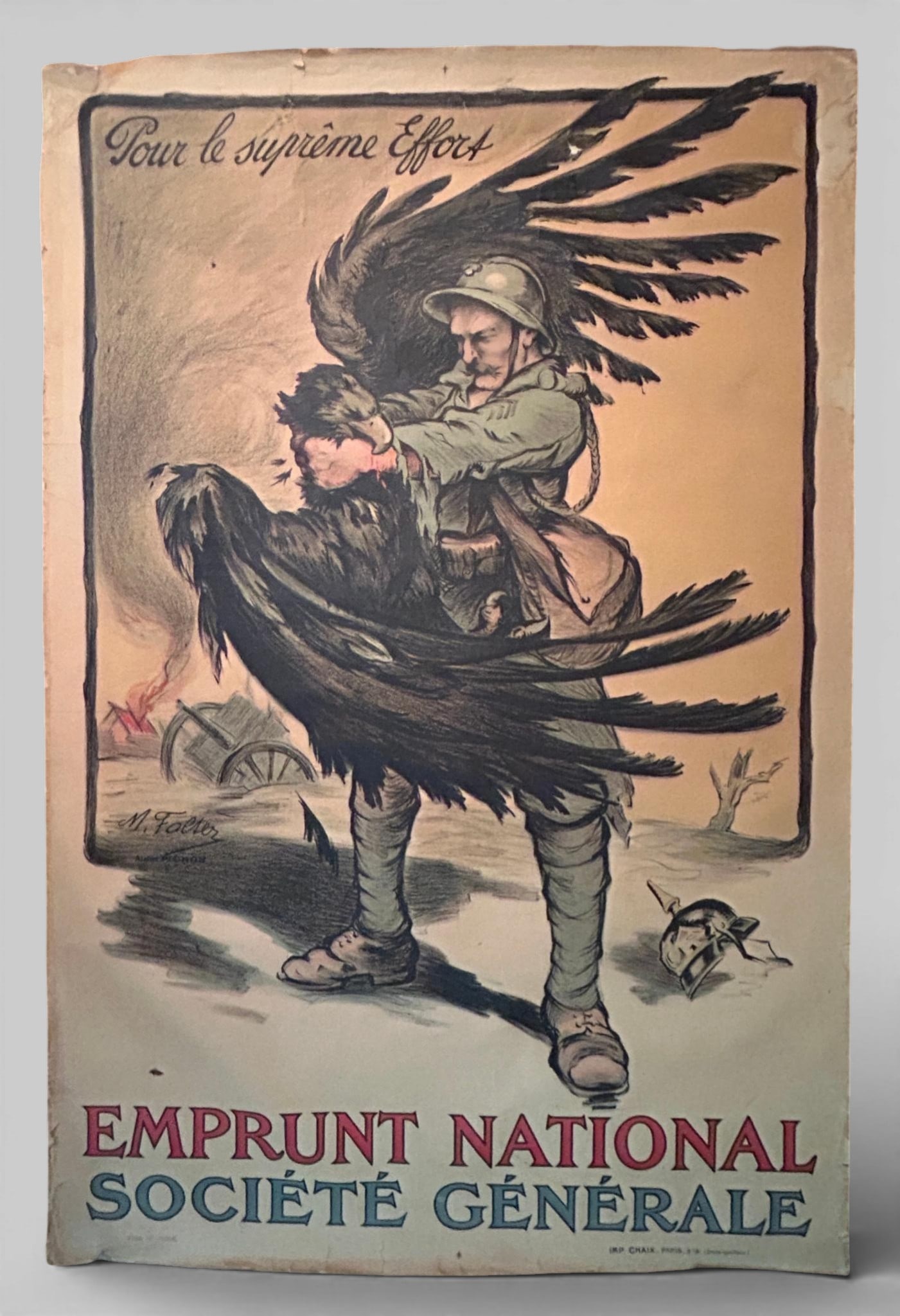 WWI 1918 French War Bond Poster "Pour Le Supreme Effort": World War One lithograph propaganda poster created in August 1918 by Marcel Falter to encourage the citizens of France to subscribe to the National Defense Loan. The artwork in this poster depicts a