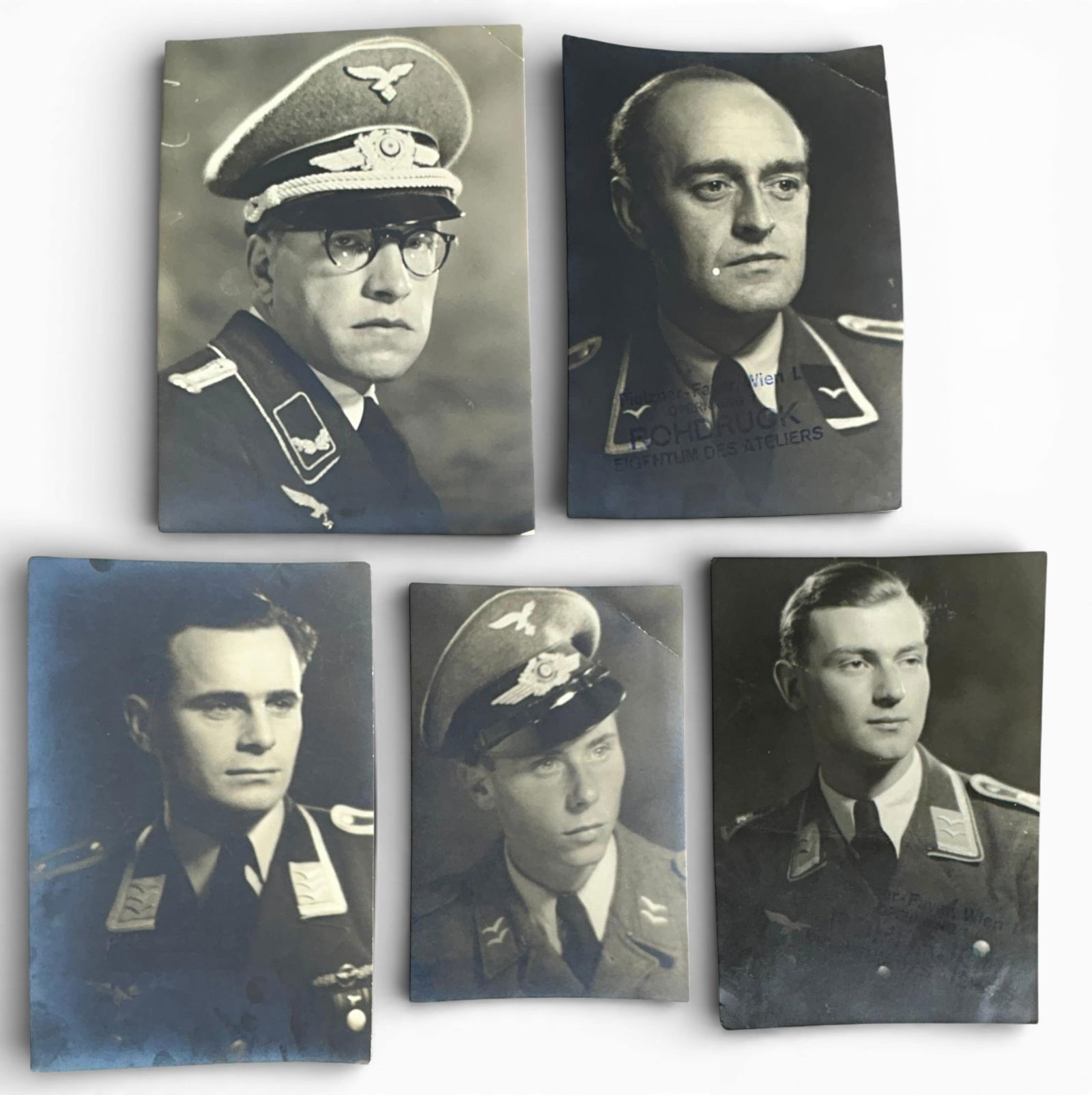 WWII Nazi German Luftwaffe Soldier Large Format Portrait Photograph Lot - Vienna Austria: World War Two Nazi German photo lot including 5 large format Luftwaffe portraits. The images range in size from 4 3/4" x 7 3/16" to 6 5/16" x 8 7/8". Three of the photographs bear the photographer sta