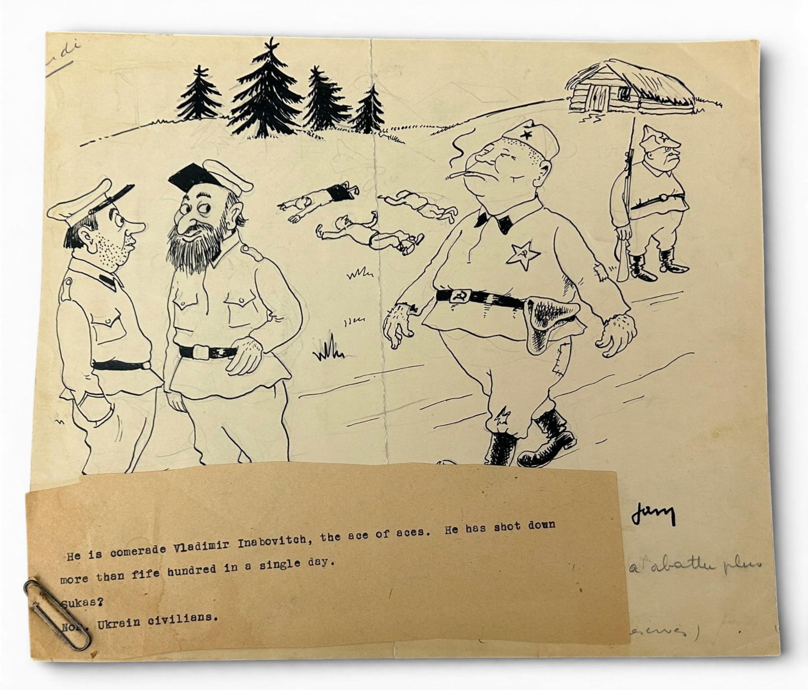WWII Original Ink Drawing by Belgian Nazi Collaborator & Artist Paul Jamin: +Original ink caricature drawing by Pro Nazi Belgian collaborator and cartoonist Paul Jamin. This drawing features two Russian officers talking about a heavyset Russian soldier walking down the road.
