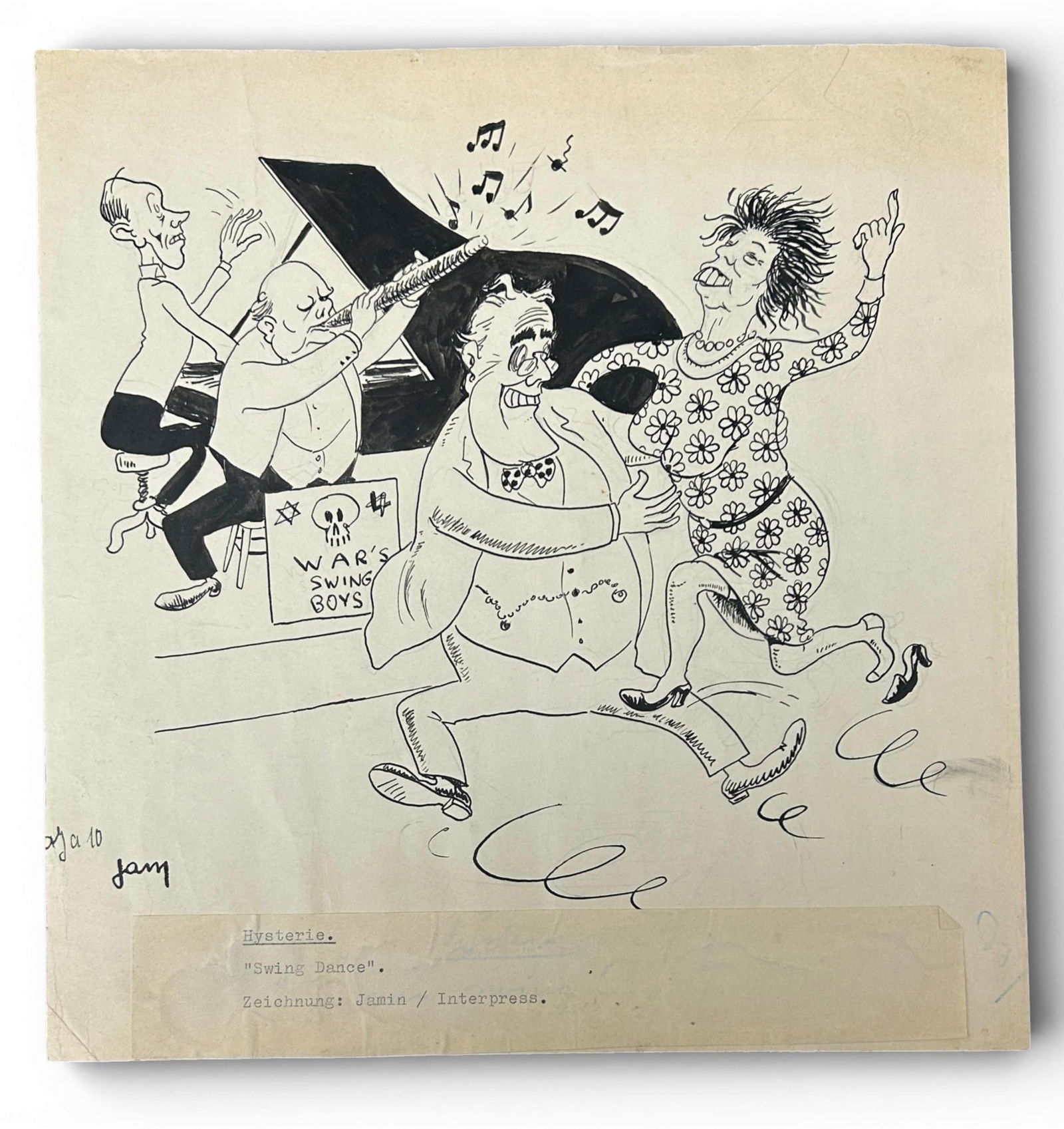 WWII Original Ink Drawing by Belgian Nazi Collaborator & Artist Paul Jamin: Original ink caricature drawing by Pro Nazi Belgian collaborator and cartoonist Paul Jamin. This piece features British Prime Minister Winston Churchill and Deputy Prime Minister Clement Attlee as mus