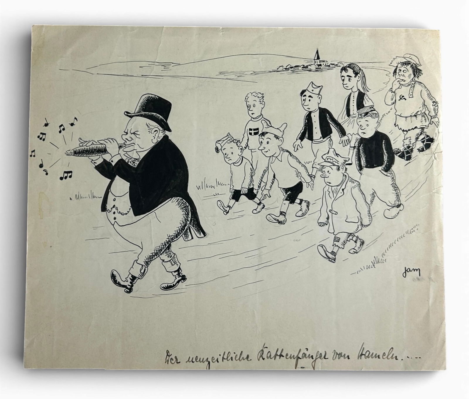 WWII Original Ink Drawing by Belgian Nazi Collaborator & Artist Paul Jamin: Original ink caricature drawing by Pro Nazi Belgian collaborator and cartoonist Paul Jamin. This piece features Winston Churchill as the Pied Piper of Hamelin leading a group of children from differen