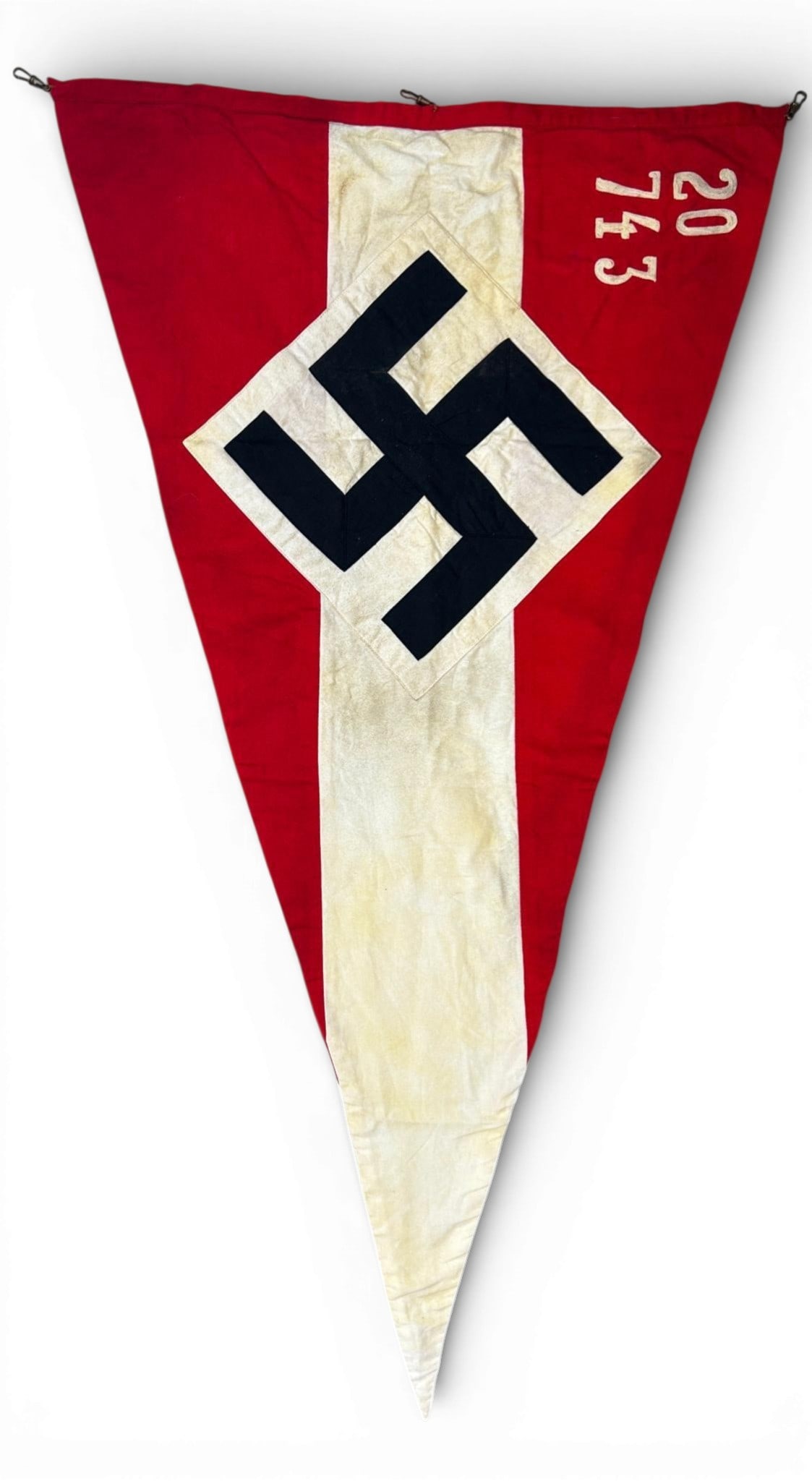 WWII Nazi German Hitler Youth HJ Flag - Pennant with Numerical City/Unit Designations: German WWII Hitler Youth HJ Unit Marked Banner Flag. Measures 35” x 20.25" Double sided multi-piece construction triangular pennant - flag. Corner chain stitched, machine embroidered lettering i