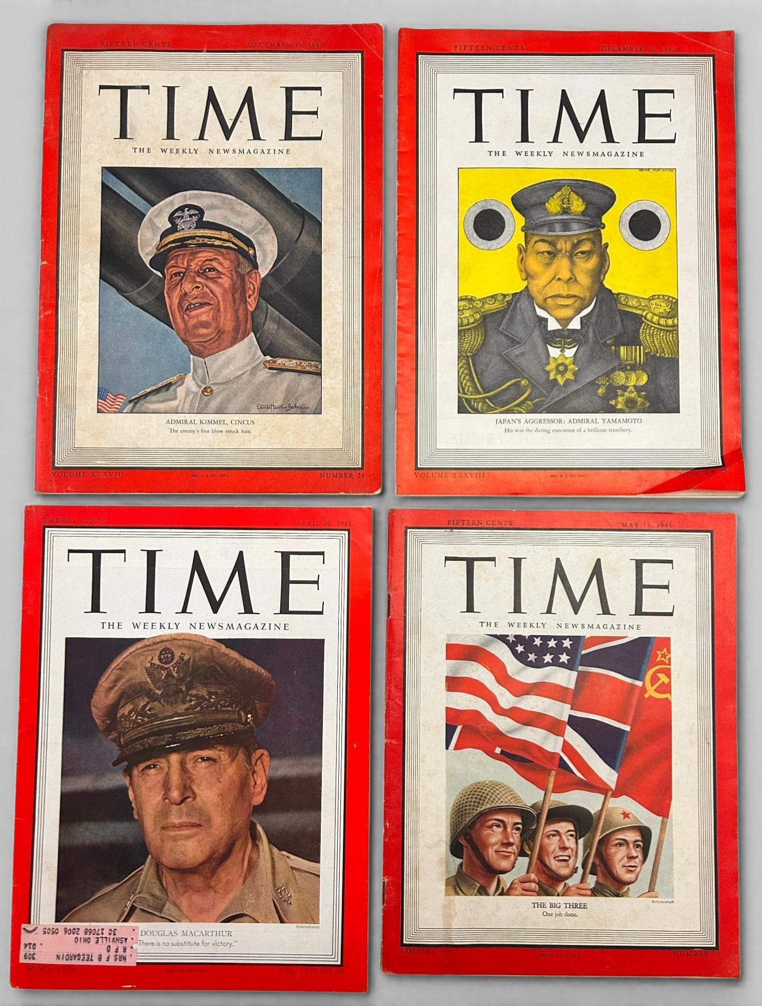 WWII - Korean War Time Magazine Lot Covers Featuring MacArthur, Yamamoto, Kimmel, "The Big Three": World War Two - Korean War Time Magazine lot consisting of four issues of Time Magazine. The covers include: U.S. General Douglas MacArthur (April 30, 1951), A caricature of Japanese Admiral Isoroku Y