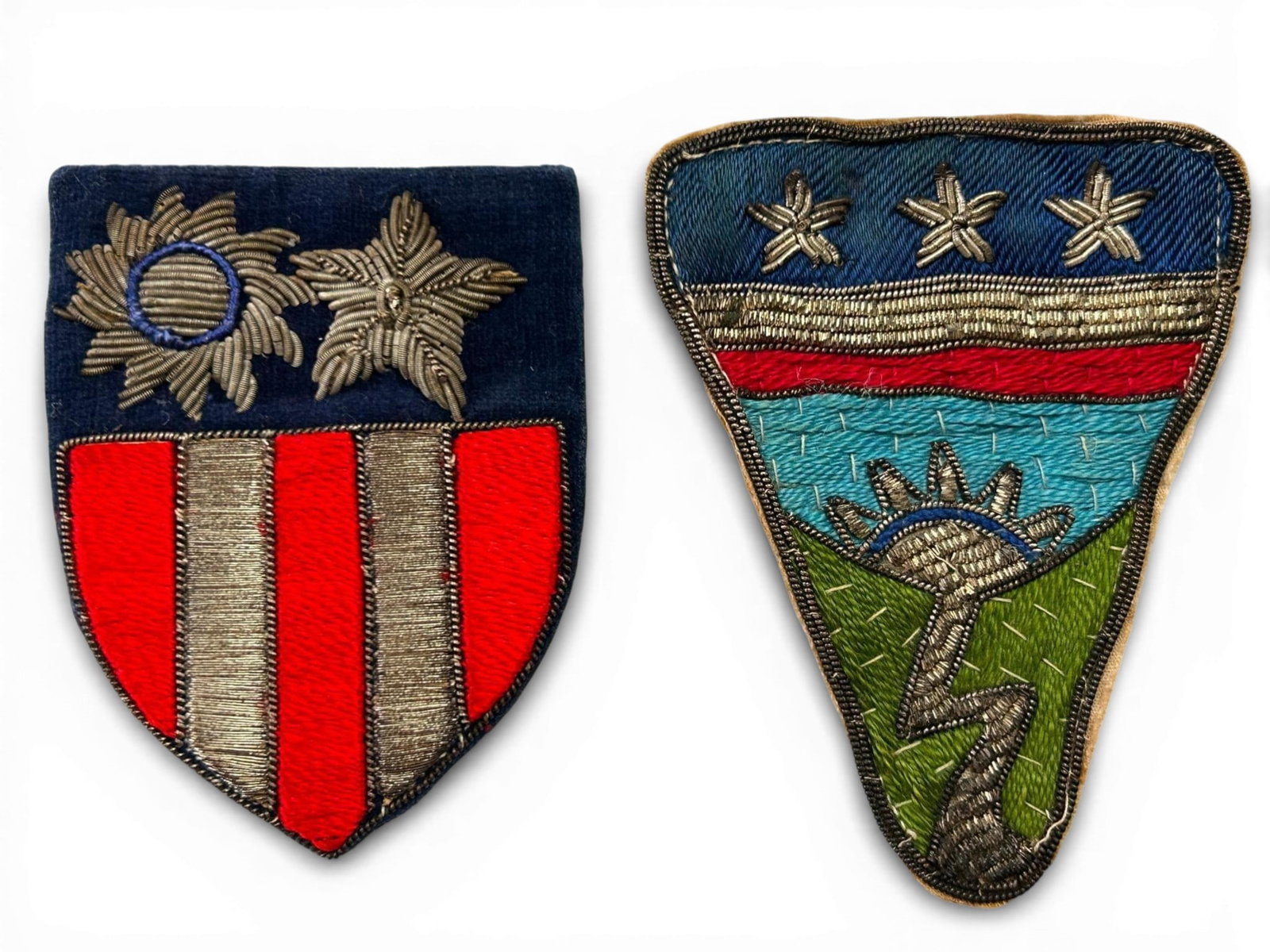 WWII CBI Theater Made Bullion CBI and Ledo Road Patch lot: World War Two theater made - Indian made bullion Ledo Road patch and CBI patch.The Ledo Road patch measures 2.125" x 3.25". The CBI patch measures 2.25" x 2.5", Both are in excellent condition Pick up