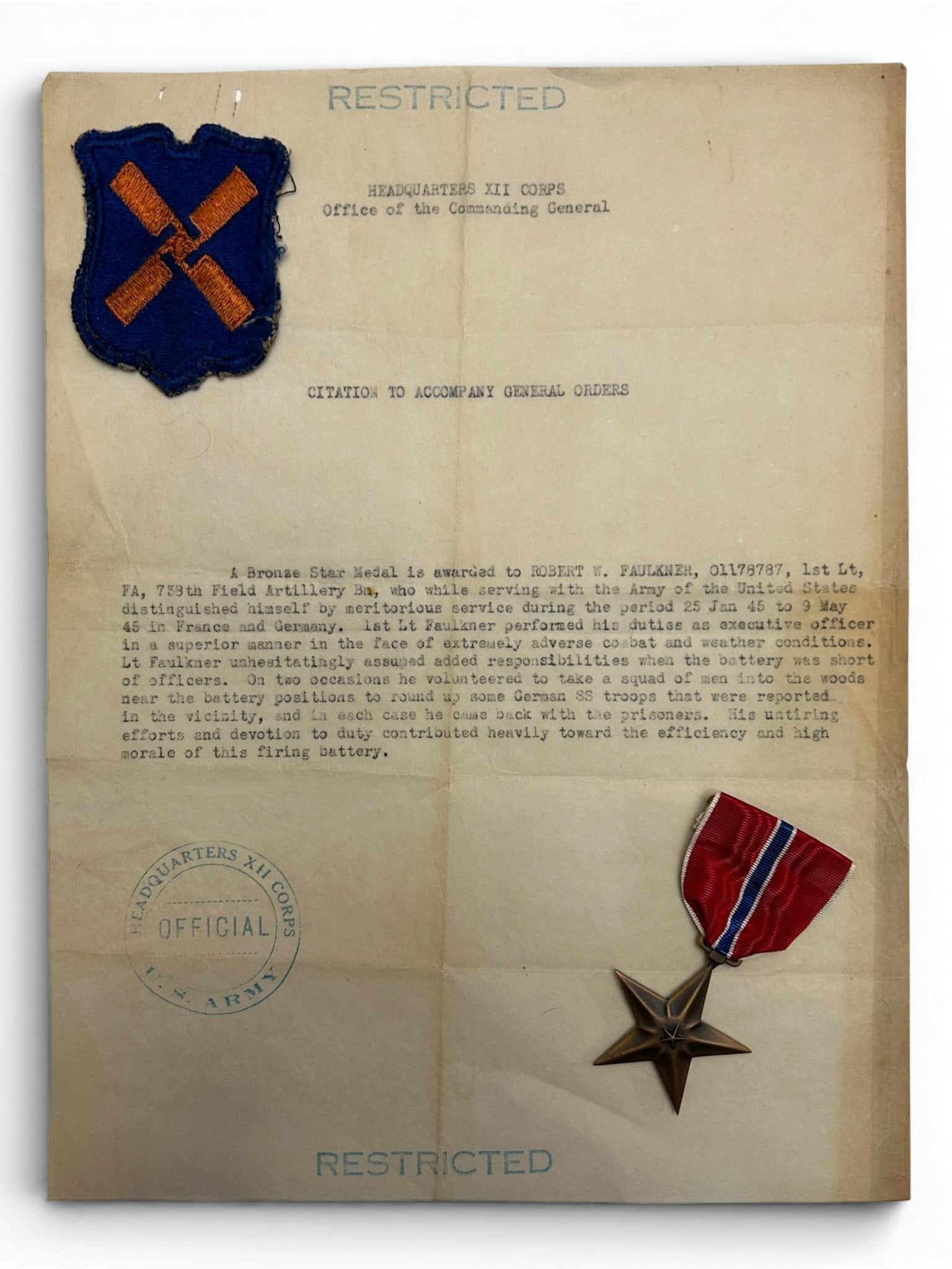 WWII U.S. Bronze Star & Citation For Capturing SS Troops - 738th Field ArtilleryBn (1 of 9)