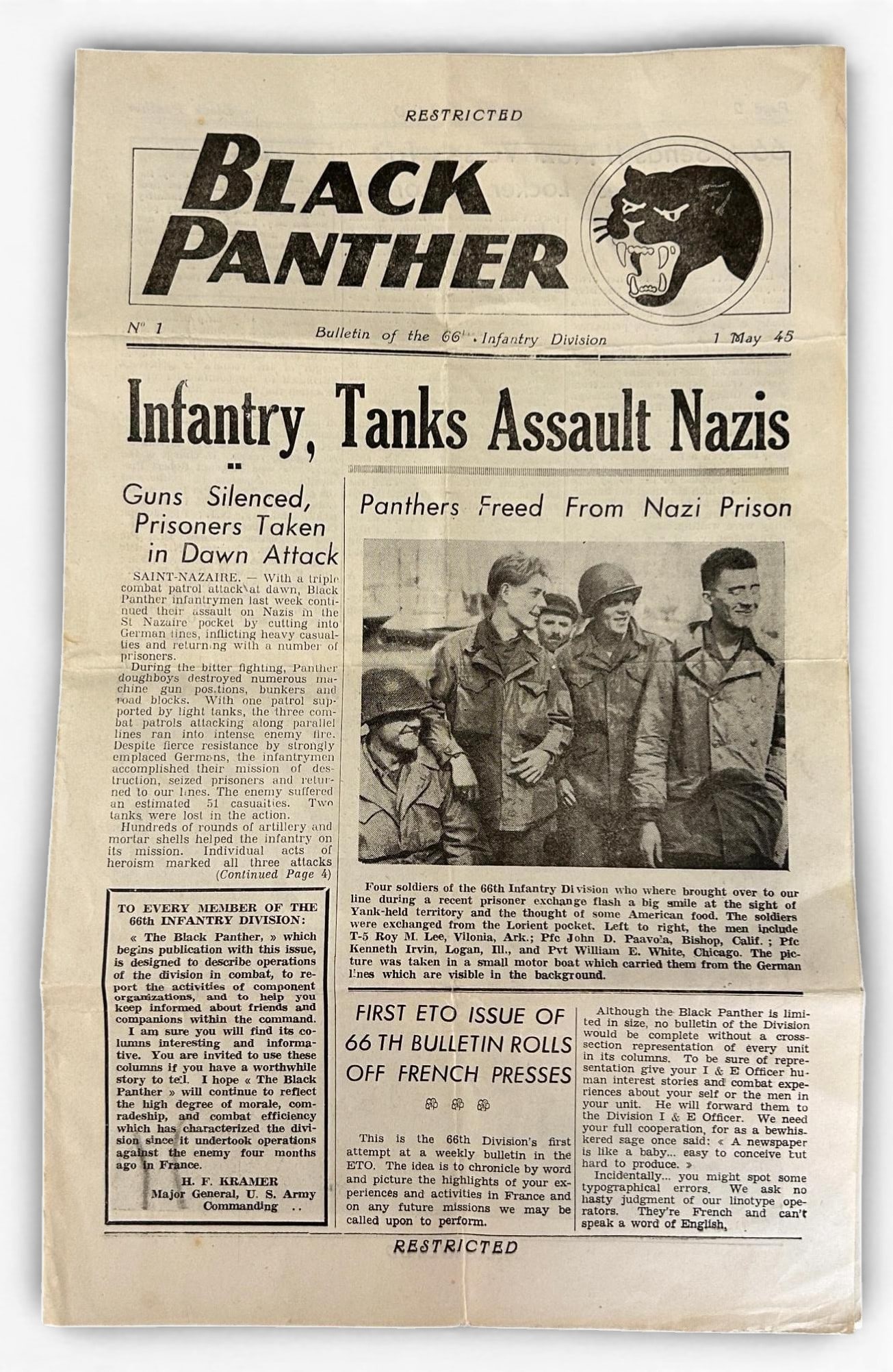 WWII 66th Division May 1, 1945 Restricted Newsletter - Bulletin: World War Two restricted Newsletter titled "Black Panther" "Bulletin of the 66th Infantry Division. Printed in France at Nouvelle - Nantes. Has folds and is in overall very good condition commensurate