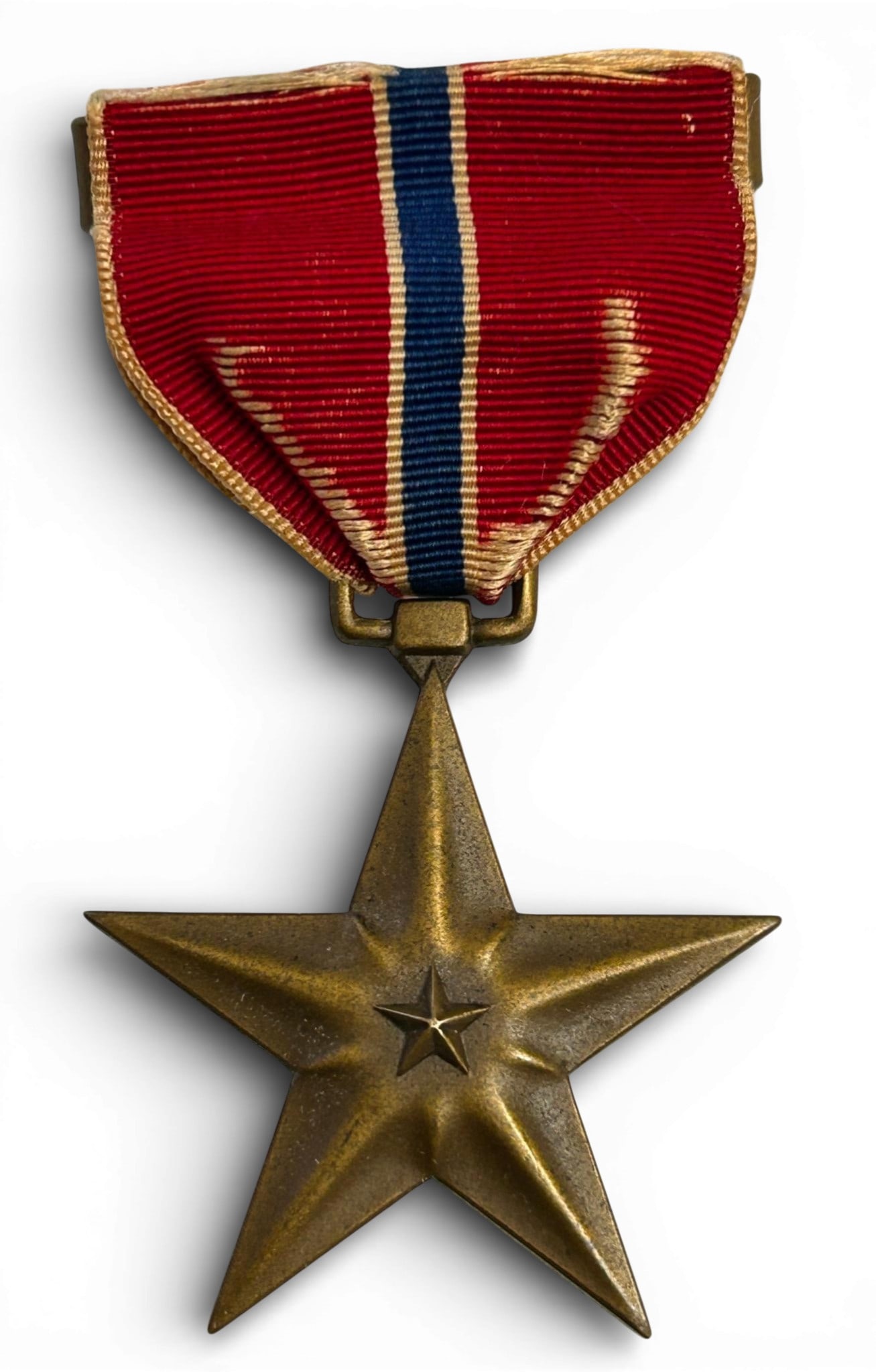 WWII U.S. Navy USMC Bronze Star with Full Wrap Brooch: World War Two United States Marine Corps – Navy Bronze Star. Full wrapped brooch & thicker planchet. Some wear to the ribbon as shown in the photographs. A scarce medal from the Mint’s only run of