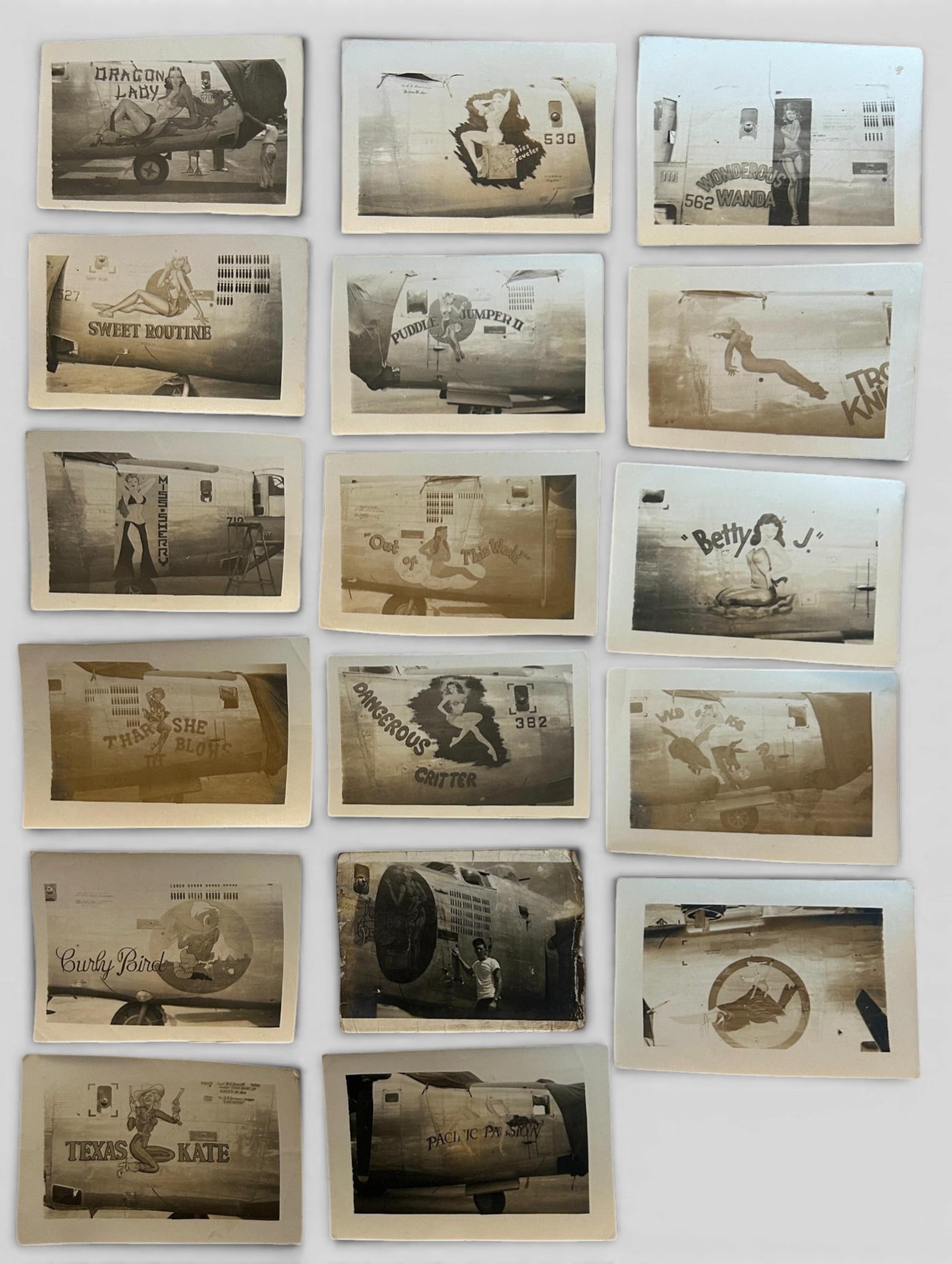 WWII U.S. Army Air Force AAF B-24 Nose Art Photograph: World War Two U.S. Army Air Force nose art photo lot including 17 photographs of nose art painted on B-24 bombers. Each photo measures 2.75" x 4.125" These are original WWII nose art photographs, not