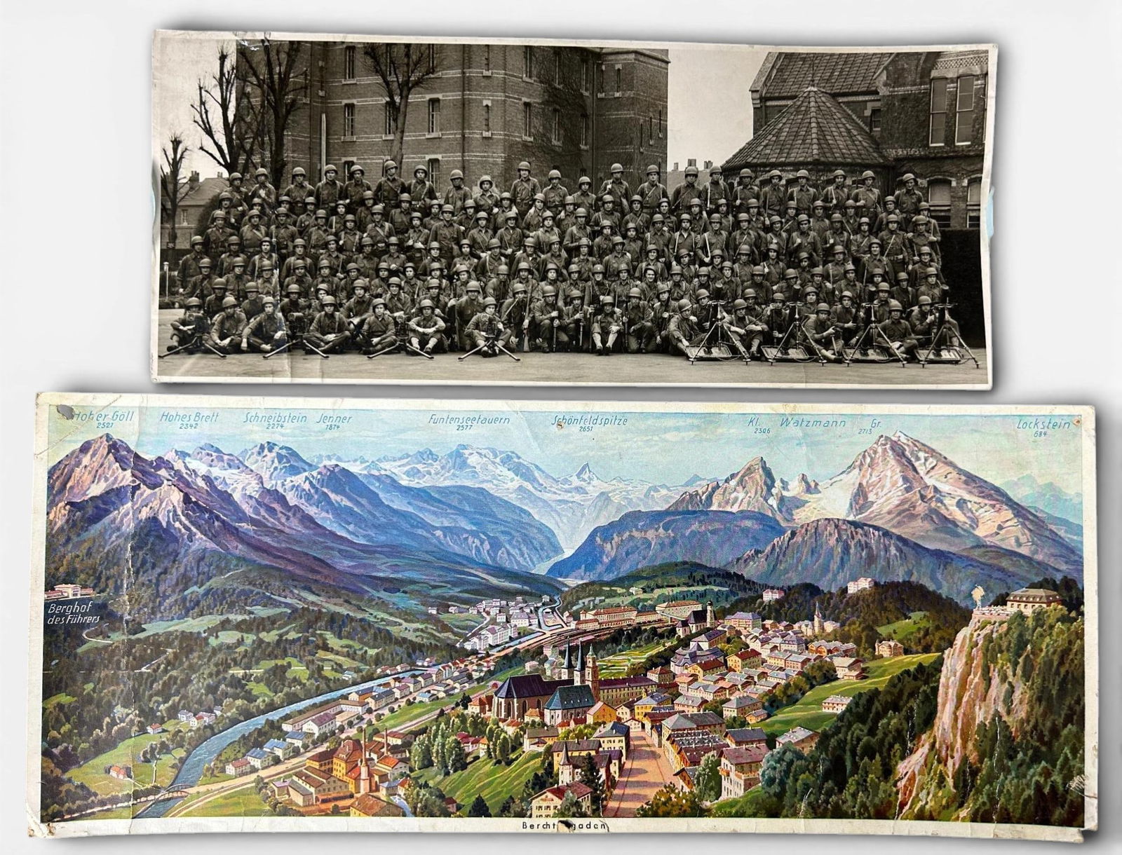 WWII 101st Infantry Division 327th Glider Regiment Headquarters Co. Photo & Berchtesgaden Print: World War II Large format photograph (11.75" x 4.875") of the 327th Glider Infantry Headquarter Co.with rifles and mortars. Taken posed in front of a building. Identified on the back "April - 1942 /