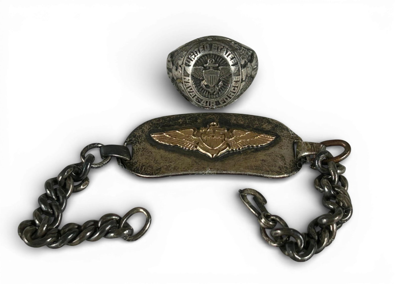 WWII U.S. Navy - Naval Air Service Sterling Silver I.D. Bracelet and Ring: World War Two United States Navy - Naval Air Service identification bracelet and Naval Air Service ring. The bracelet is engraved on the underside, "Stanley F. Gerne" and is stamped "sterling". The