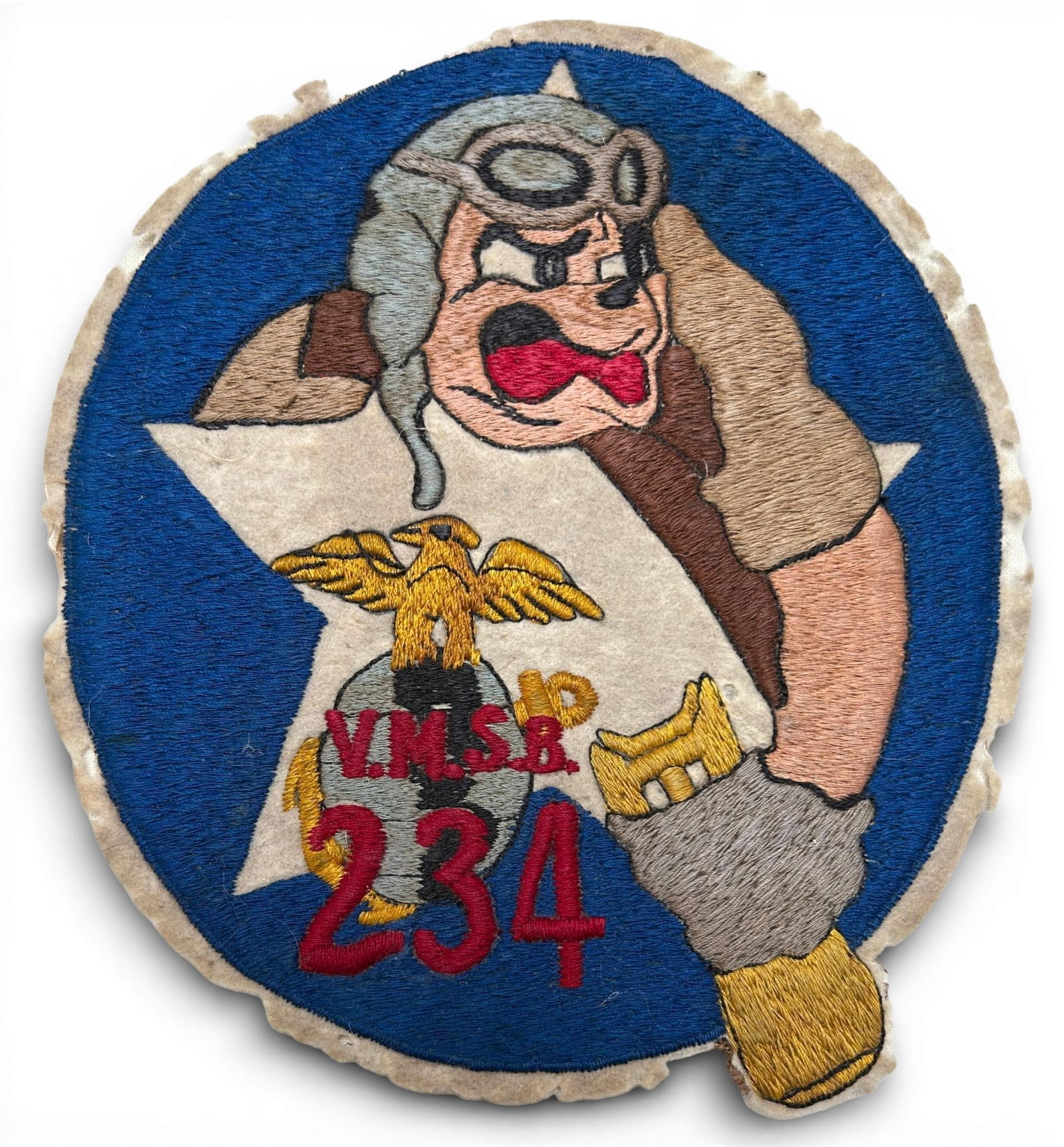 WWII USMC VMSB-324 Scout Bombing Squadron Patch - Australian Made: World War Two United States Marine Corps Squadron patch for Marine Scout Bombing Squadron 234 (VMSB-234). Australian made embroidery on wool.. This was the earliest of two styles of patch used by