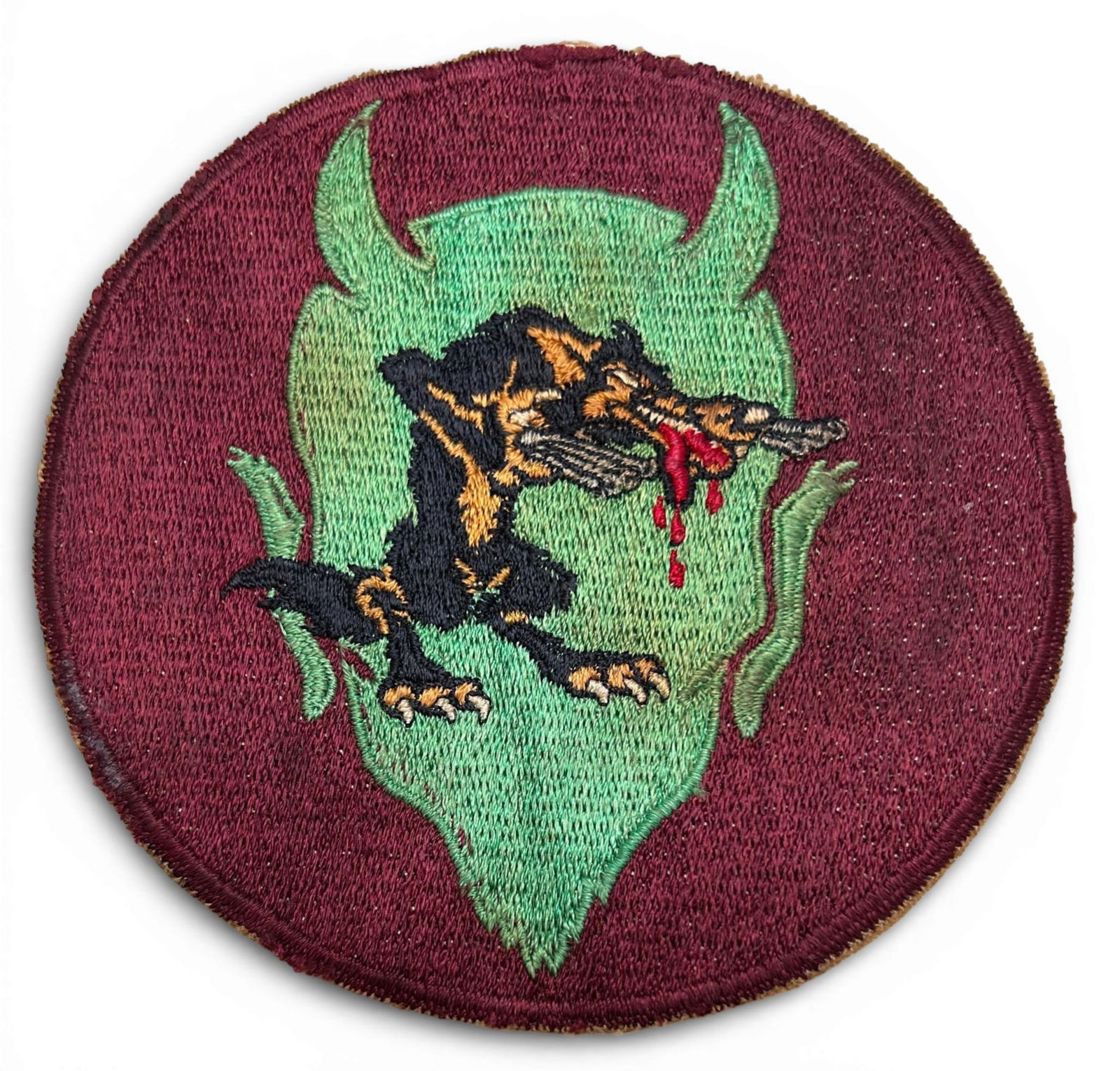 WWII U.S. Navy VF-84 Fighter Squadron Patch: World War Two U.S. Navy VF-84 squadron patch. The patch is schiffli embroidery. Measures 5". Established as Fighter Squadron Eighty Four VF-84 on May 1, 1944. The insignia was approved by the Office