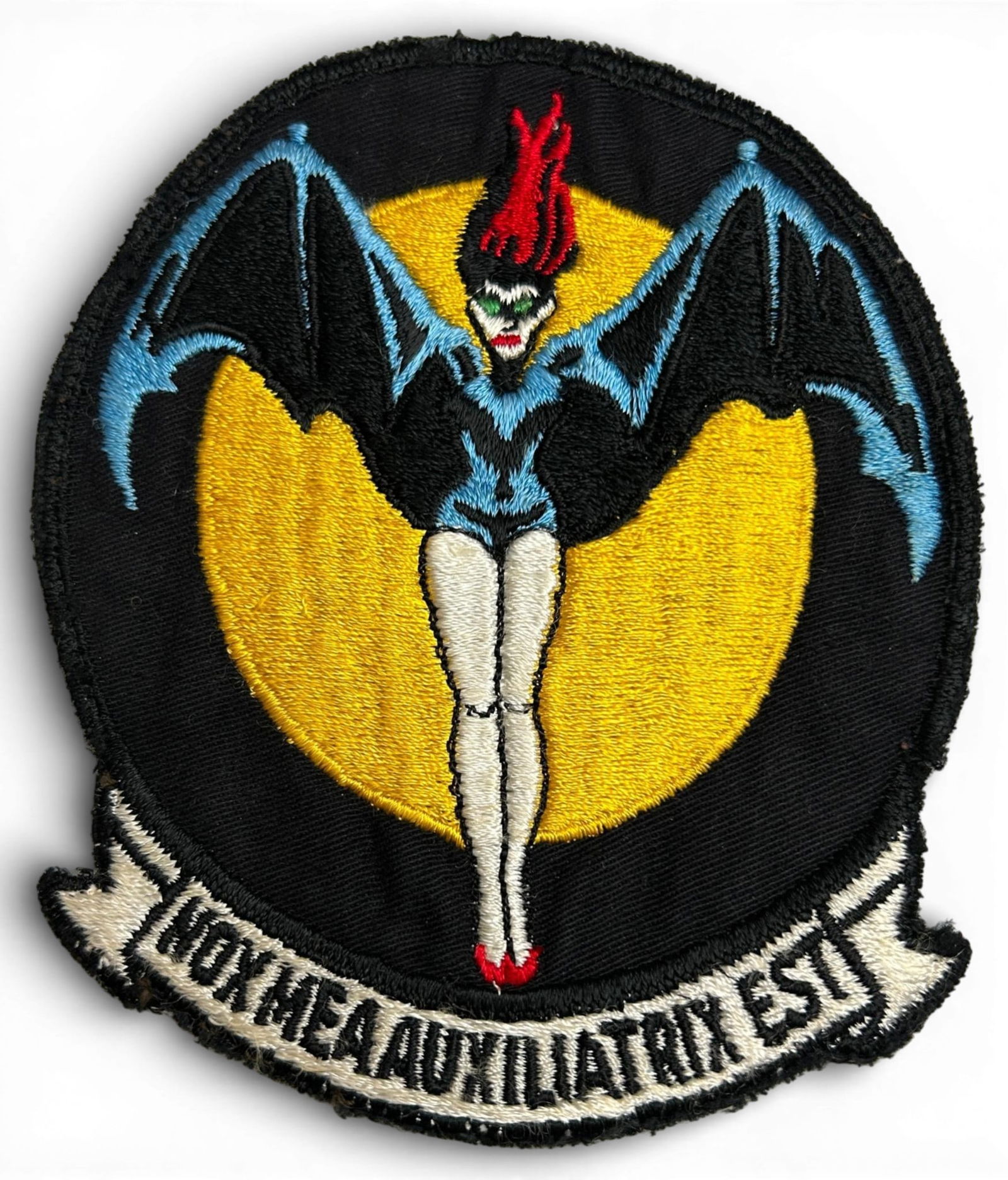 WWII U.S. Navy VFN-103 Night Fighter Squadron Patch: World War Two U.S. Navy VFN103 - VFN-90 squadron patch. The patch is schiffli embroidery on twill. Measures 5.375" x 4.5" Established as Fighter Squadron 103 (Night) on April 6,1944.