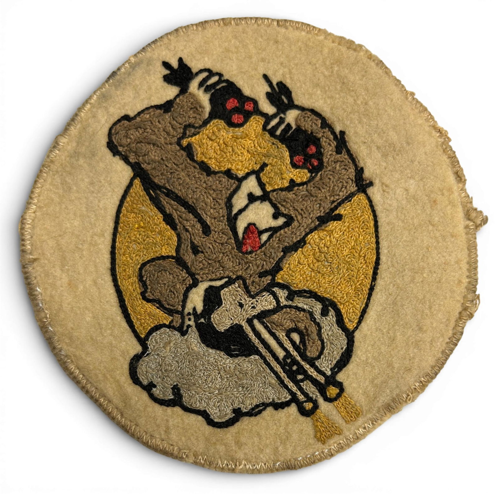 WWII U.S. Navy VC-11 Composite Squadron Patch: World War Two U.S. Navy VC-11 squadron patch. The patch is chain stitched on wool. Measures 5" in diameter. Established as Composite Squadron Eleven (VC-11) on September 30,1943. The insignia was