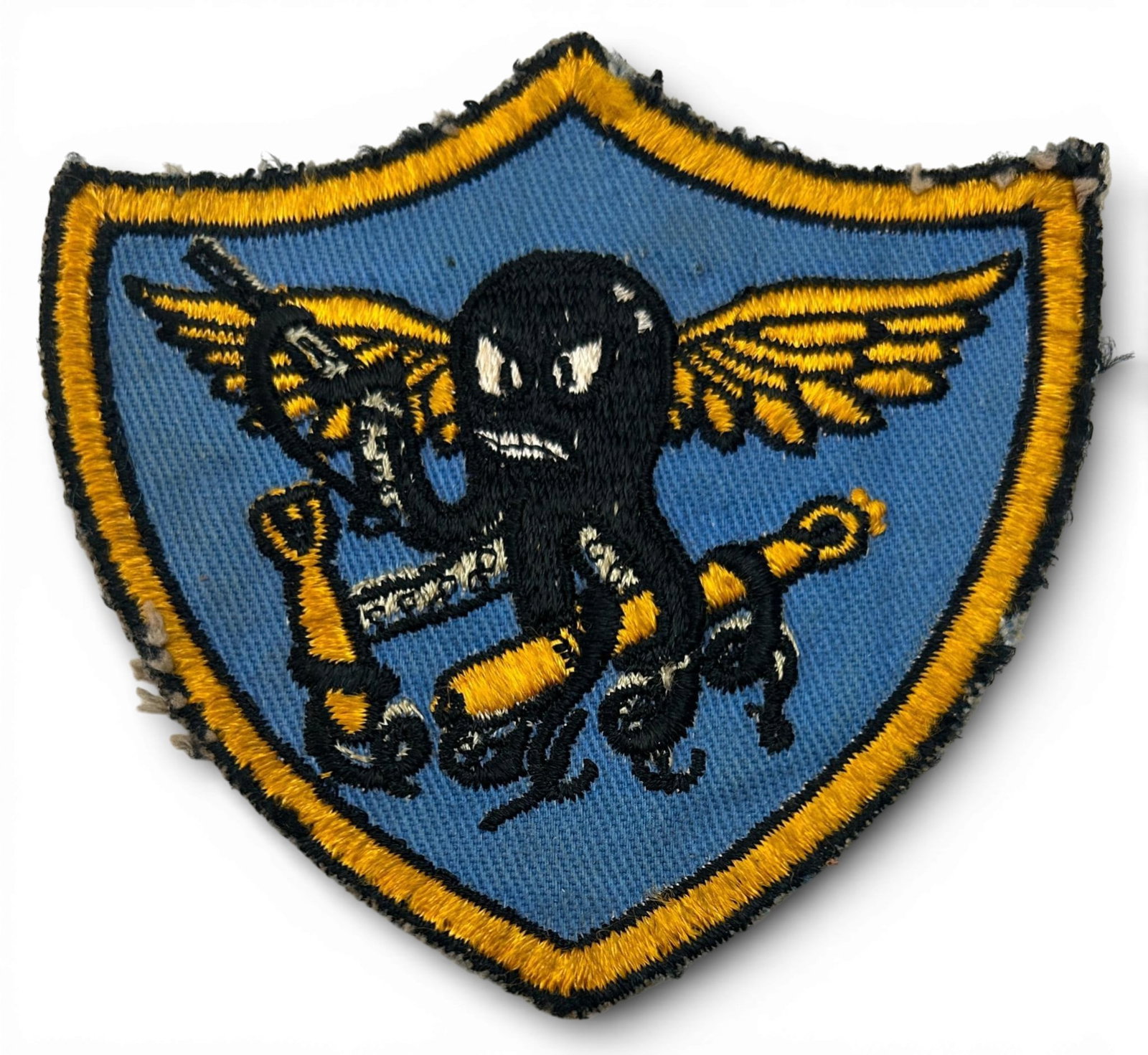 WWII U.S. Navy VC-4 Composite Squadron Patch: World War Two U.S. Navy VC-4 squadron patch. The patch is schiffli embroidery on twill. Measures 4.25" x 4". Established as Composite Squadron four (VC-4) on April 2, 1943. The insignia was approved