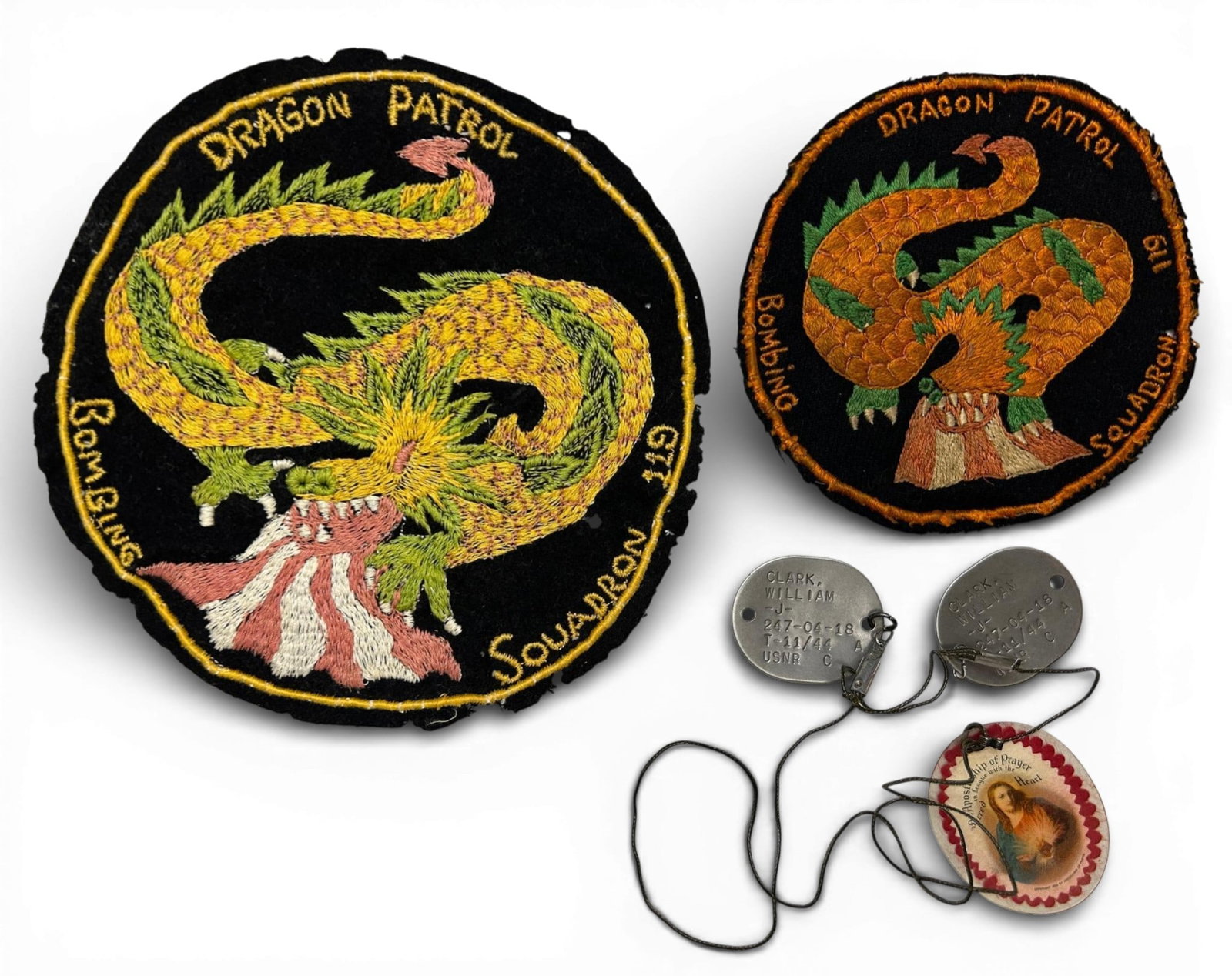 WWII U.S. Navy Identified Philippine Made VPB-119 Patrol Bombing Squadron Patch (2) & Dog Tag Group (1 of 6)