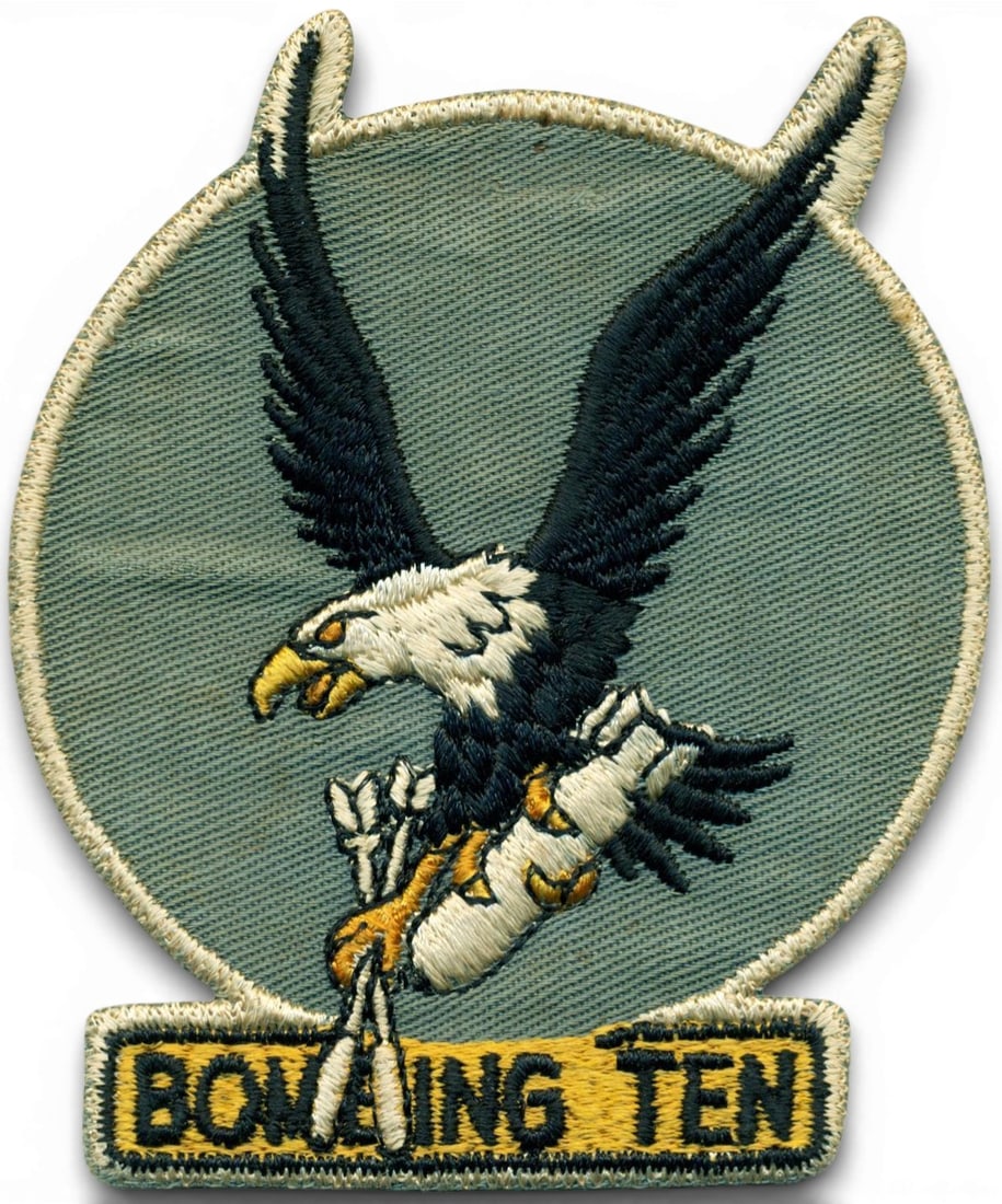 WWII U.S. Navy VB-10 Bombing Squadron Patch: World War Two U.S. Navy VB-10 squadron patch. The patch is schiffli embroidery on twill. Measures 4.625" x 3.875". Established as Bombing Squadron Ten (VB-10) on June 3,1942. Deployed on the USS