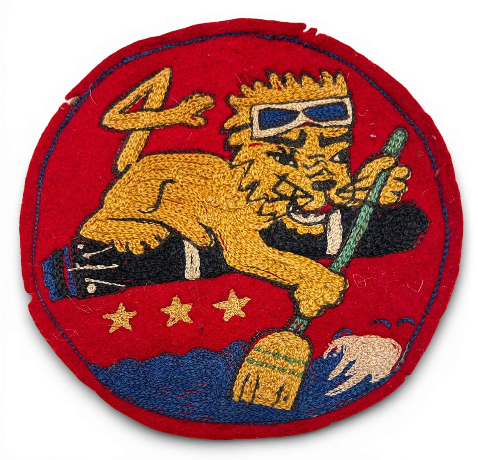 WWII U.S. Navy VT-4 Torpedo Squadron Patch: World War Two U.S. Navy VT-4 squadron patch. The patch is chain stitched on wool. Measures 5" in diameter. Minor edge wear. VT-4 was commissioned on January 10, 1942 while onboard the USS Ranger in