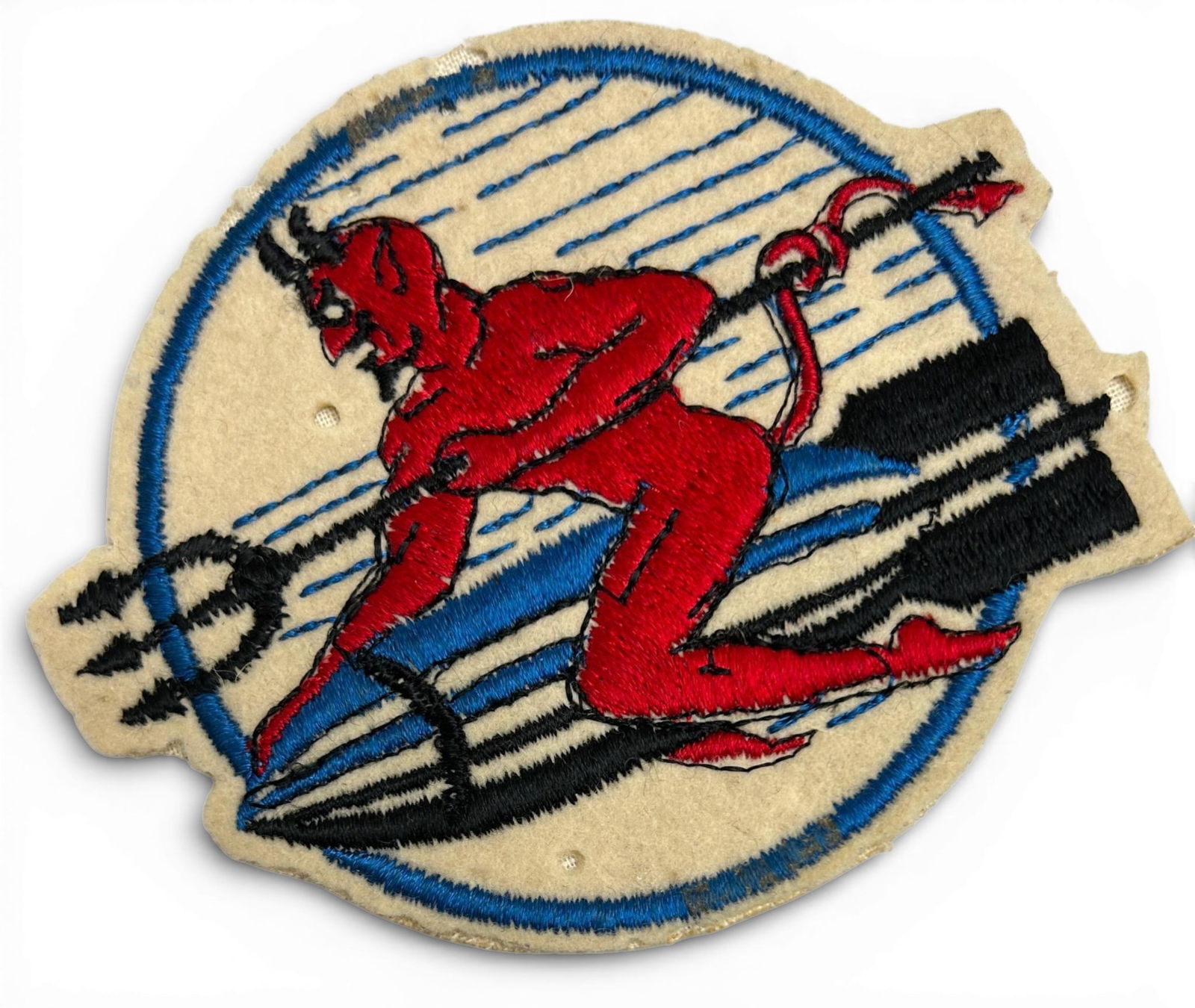 WWII U.S. Navy VB-13 Bombing Squadron Patch: World War Two U.S. Navy VB-13 squadron patch. The patch is schiffli embroidery on wool. Measures 5" x4.125". Established as Bombing Squadron Thirteen (VB-13) on November 1, 1943. The insignia was