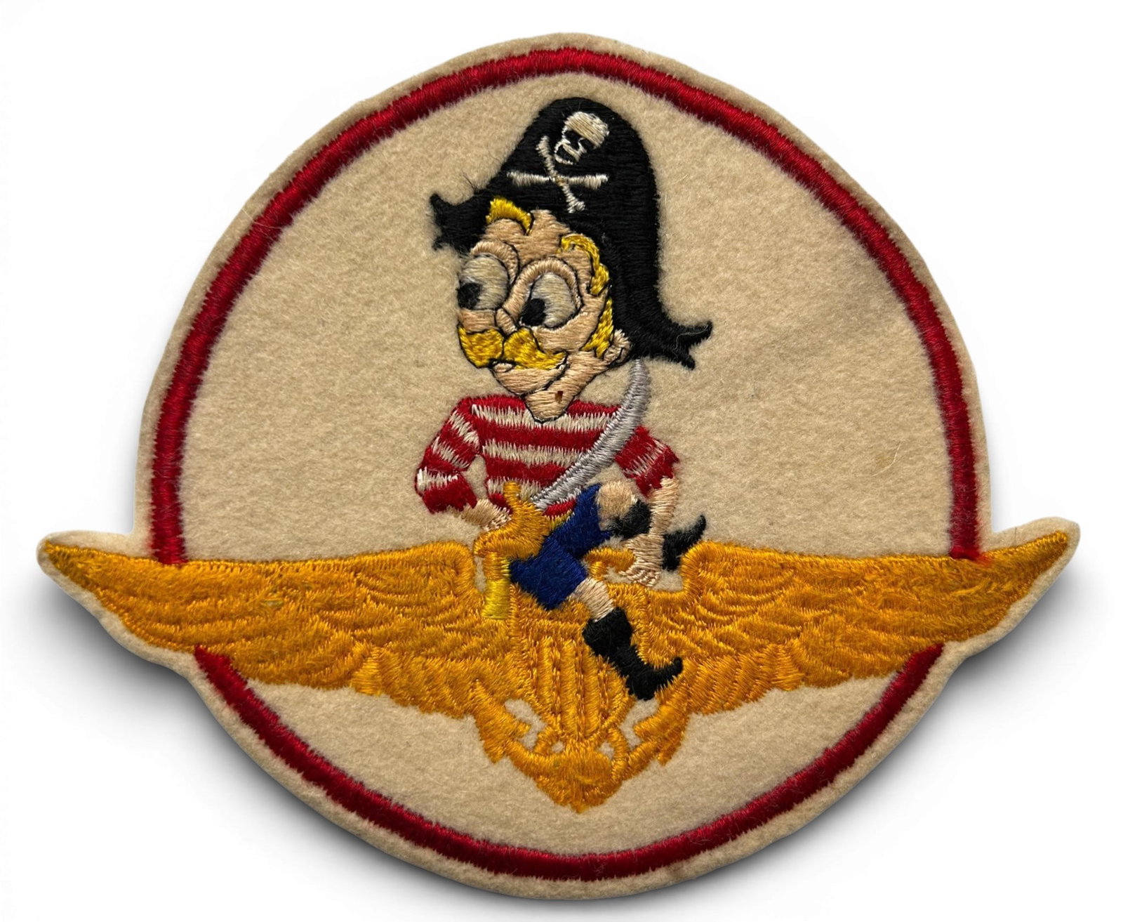 Post WWII U.S. Navy VF-81 Fighter Squadron Patch: Post World War Two U.S. Navy VF-81 squadron patch. The patch is schiffli embroidery on wool. Measures 6" x 5". Established as Fighter Squadron Forty Two (VF-42) (2nd VF-42) on July 19, 1945,