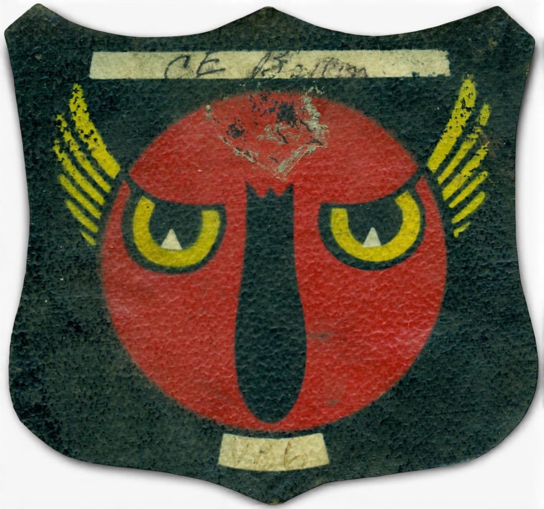 WWII U.S. Navy VS-6 Scouting Squadron Patch: World War Two U.S. Navy VS-6 squadron patch. The patch is paint on leather. Measures 5" x 5.25" Established as Scout Squadron Eight B (VS-8B) on June 30,1937. Redesignated to Scouting Squadron Six
